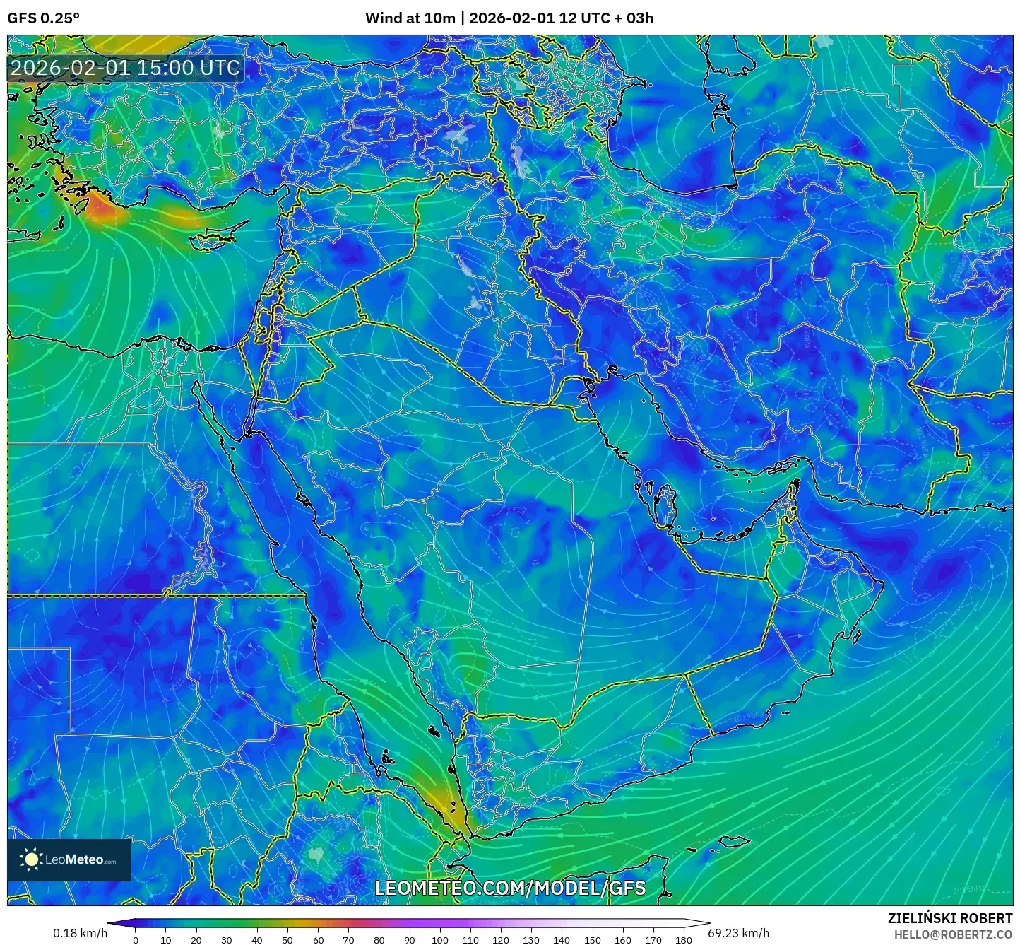 GFS model - Middle East, Wind at 10m