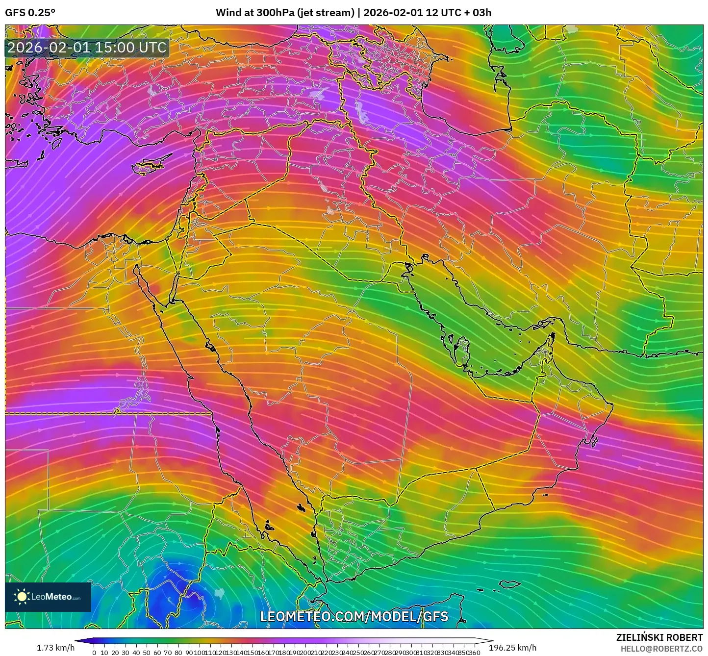 GFS model - Middle East, Wind at 300hPa (jet stream)