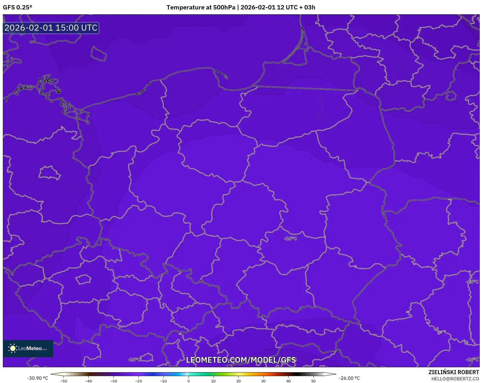 GFS model - Poland, Temperature at 500hPa