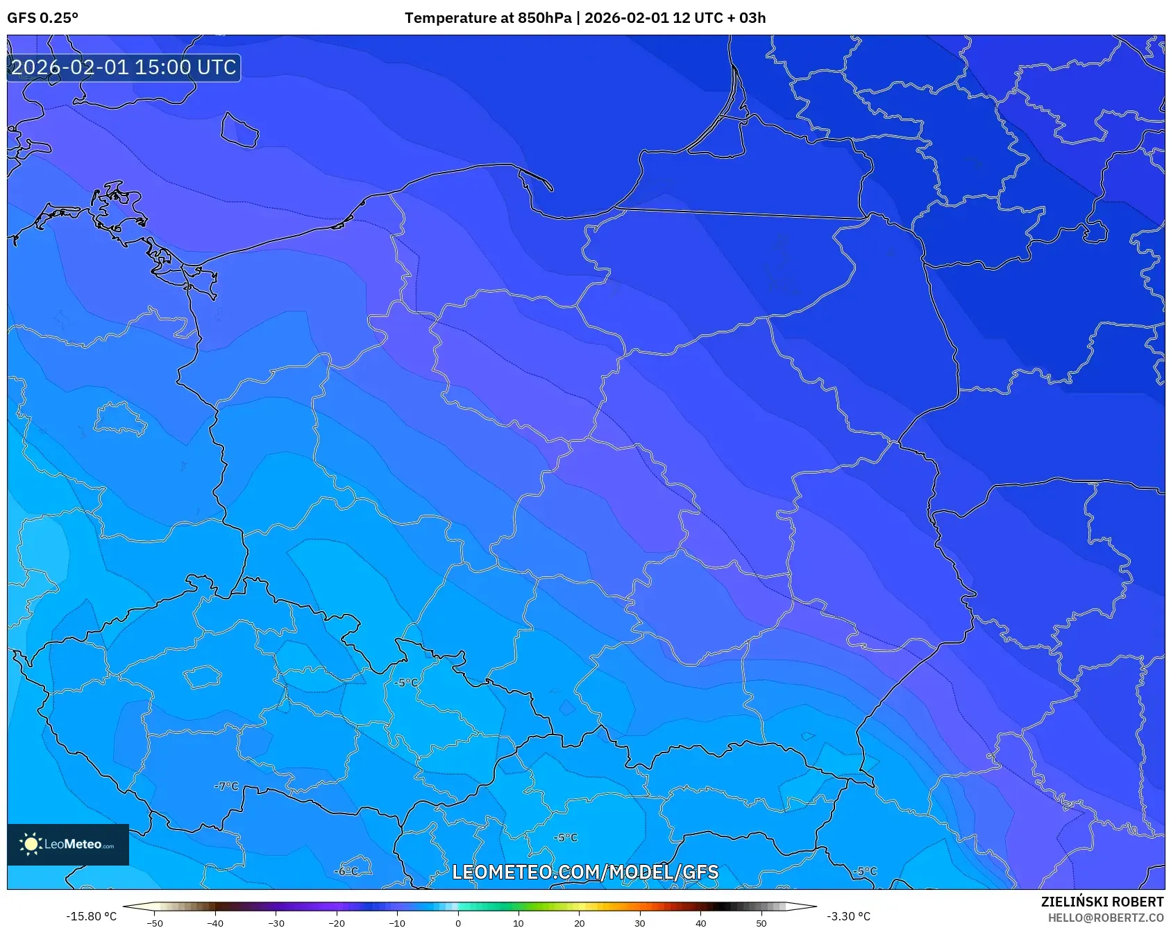 GFS model - Poland, Temperature at 850hPa
