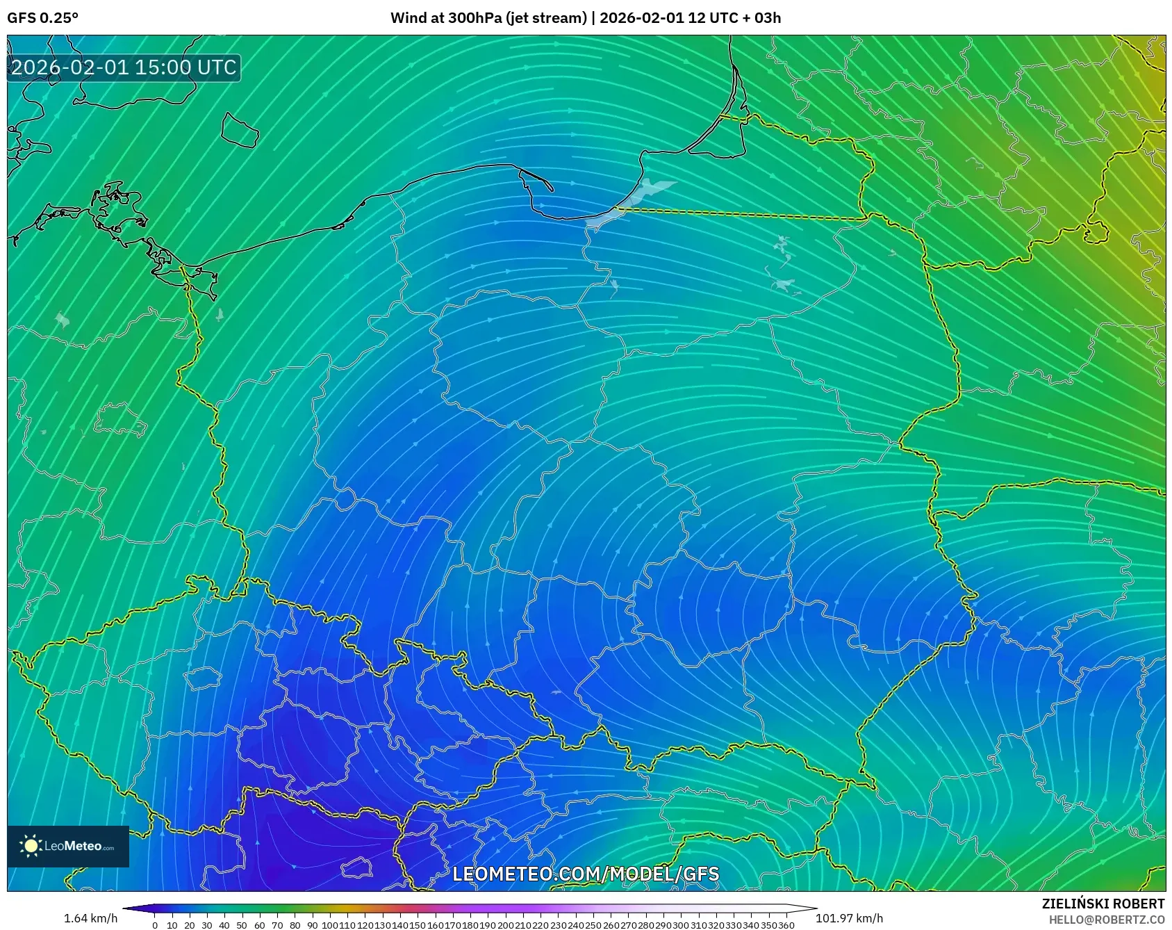 GFS model - Poland, Wind at 300hPa (jet stream)