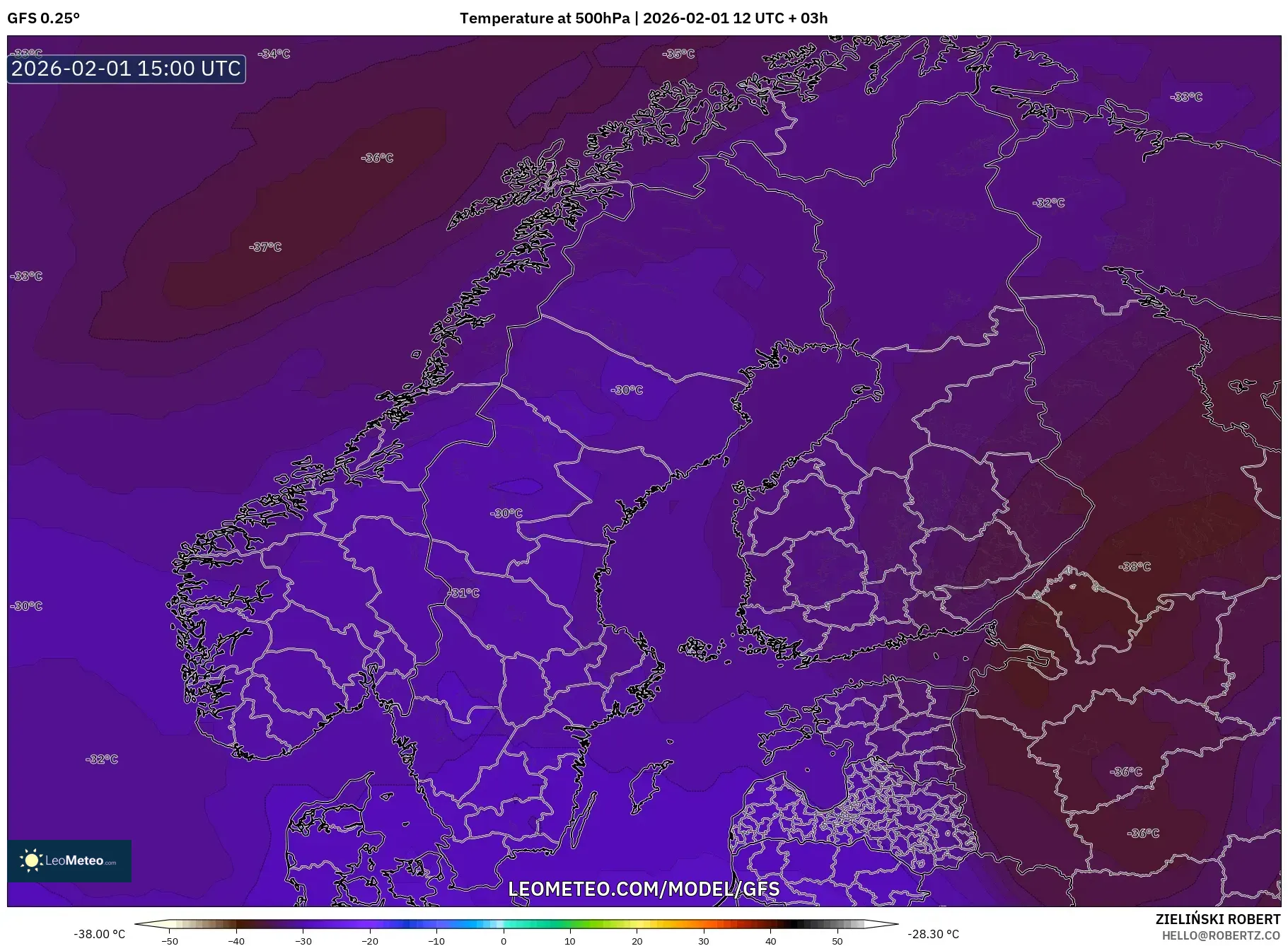 GFS model - Scandinavia, Temperature at 500hPa