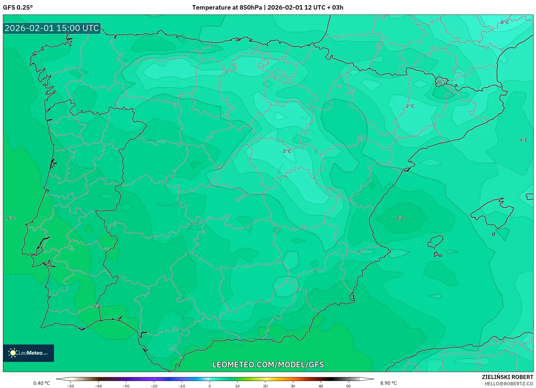 GFS model - Spain, Temperature at 850hPa