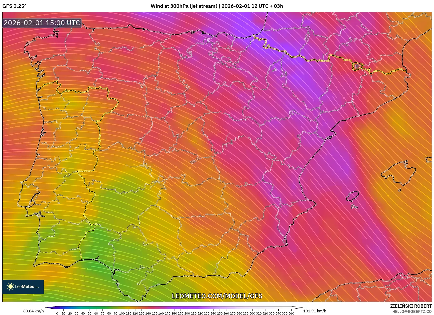 GFS model - Spain, Wind at 300hPa (jet stream)