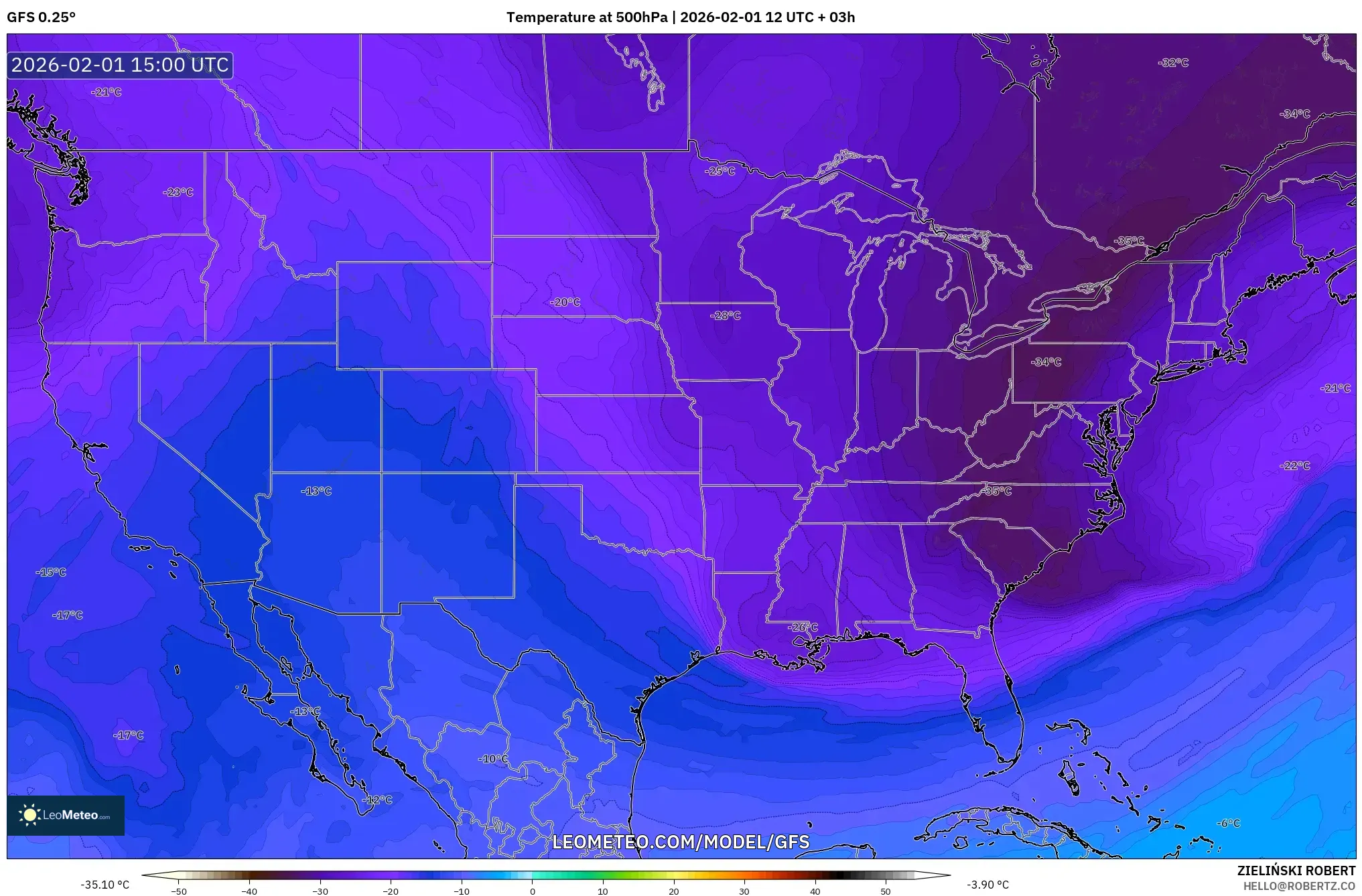 GFS model - United States, Temperature at 500hPa
