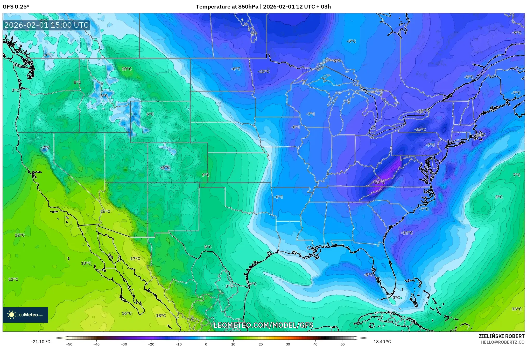 GFS model - United States, Temperature at 850hPa