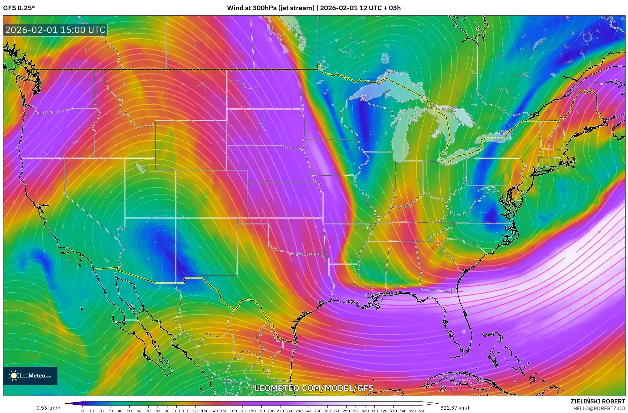 GFS model - United States, Wind at 300hPa (jet stream)