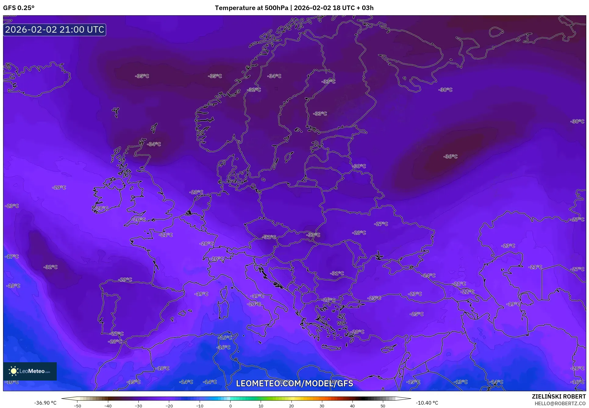 GFS model - Europe, Temperature at 500hPa