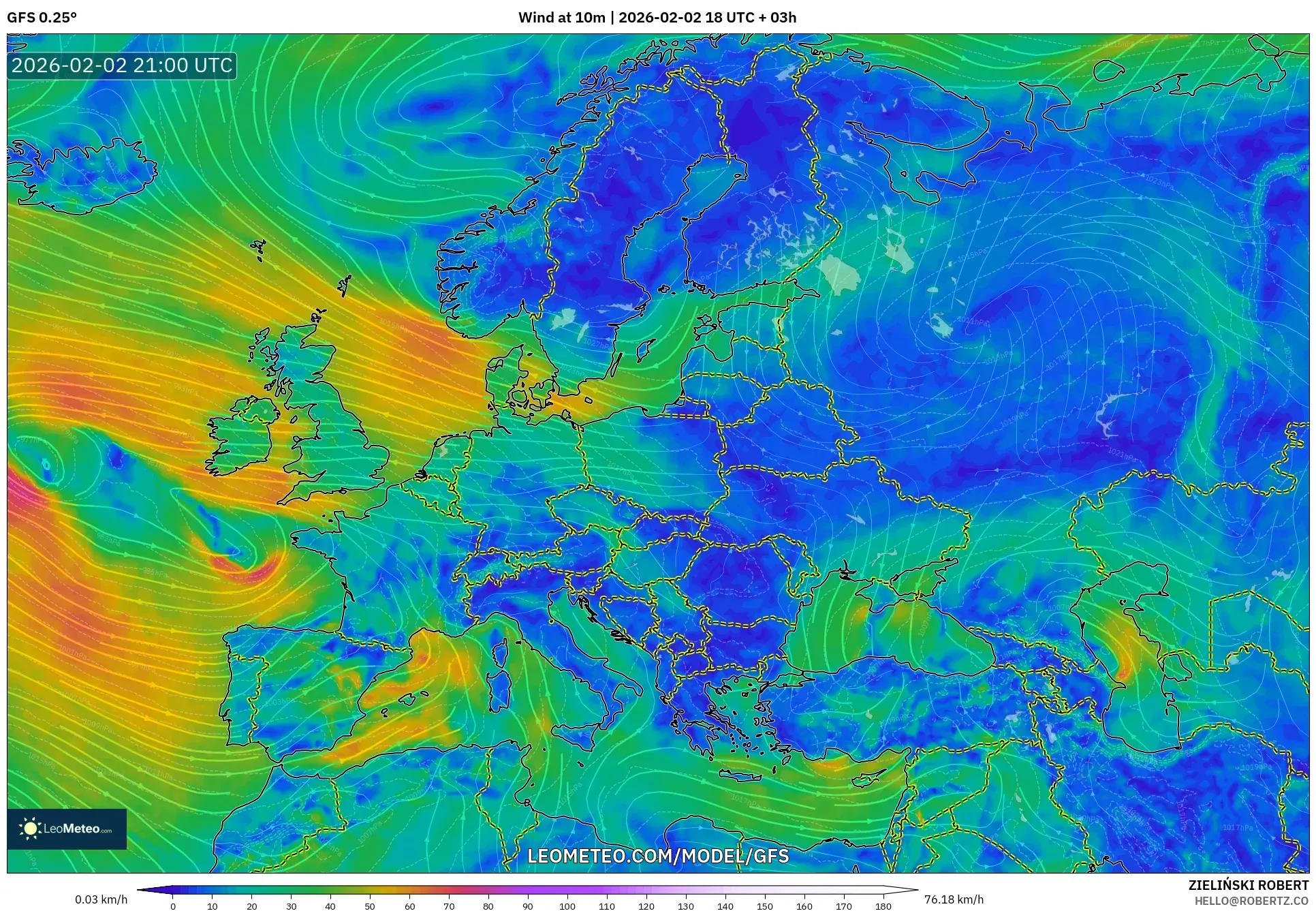 GFS model - Europe, Wind at 10m