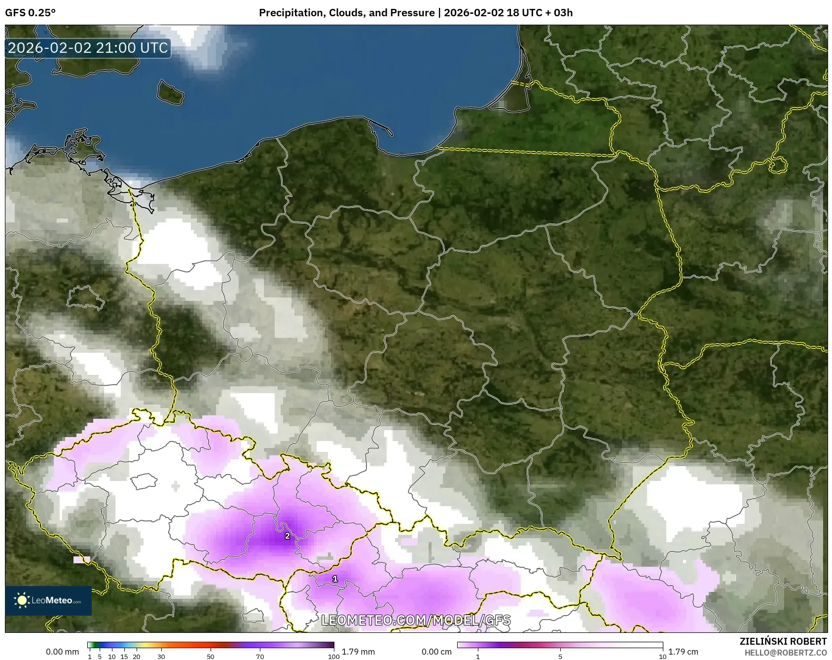 GFS model - Poland, Precipitation, Clouds, and Pressure