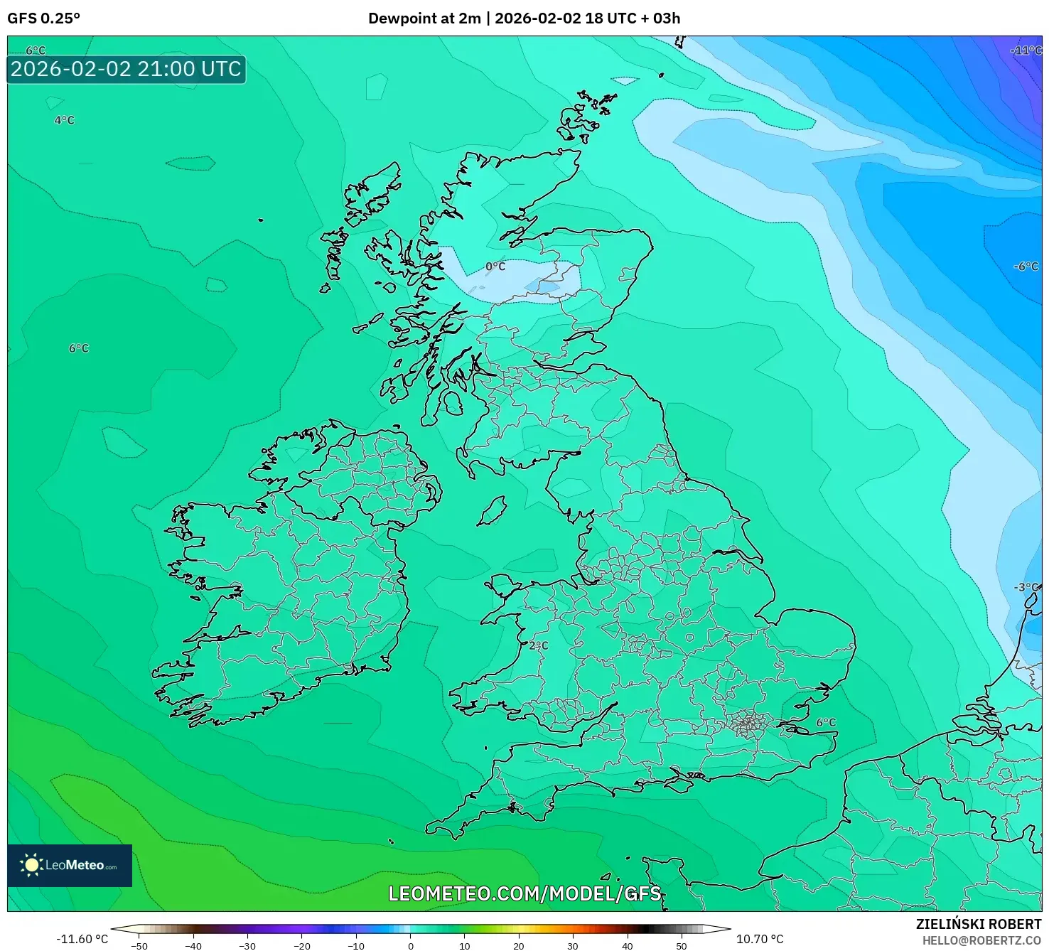 GFS model - United Kingdom, Dewpoint at 2m