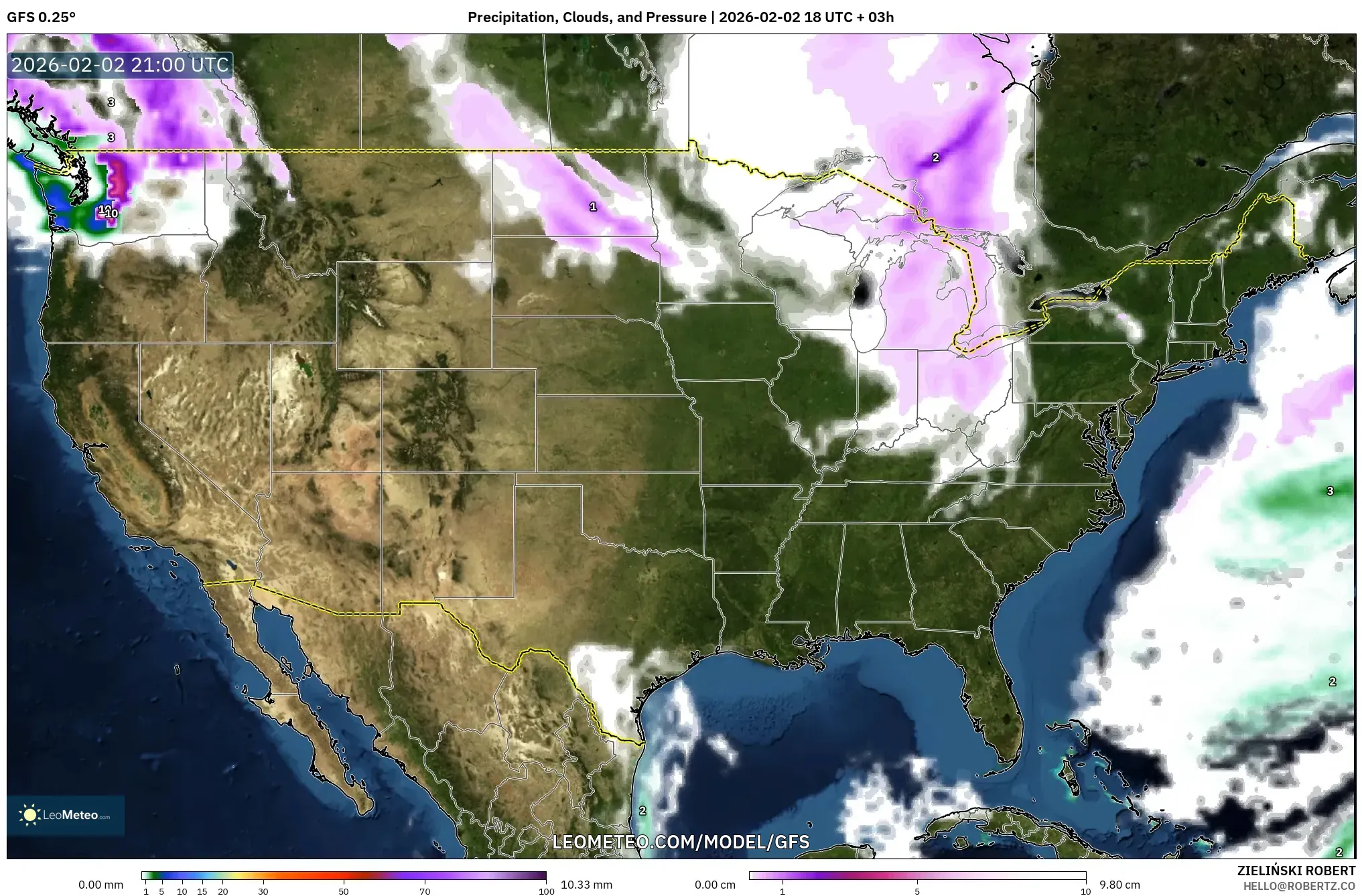 GFS model - United States, Precipitation, Clouds, and Pressure