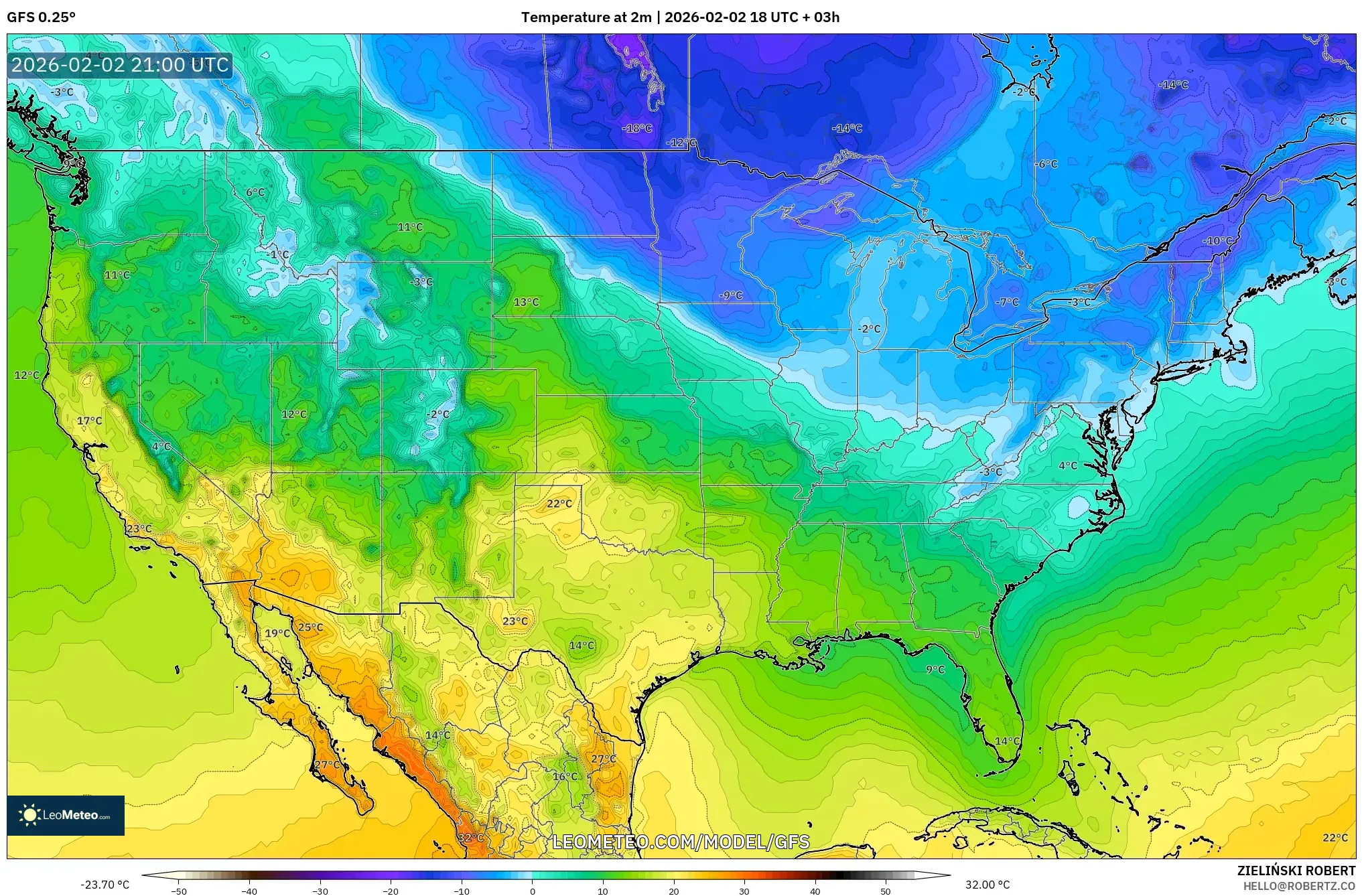 GFS model - United States, Temperature at 2m