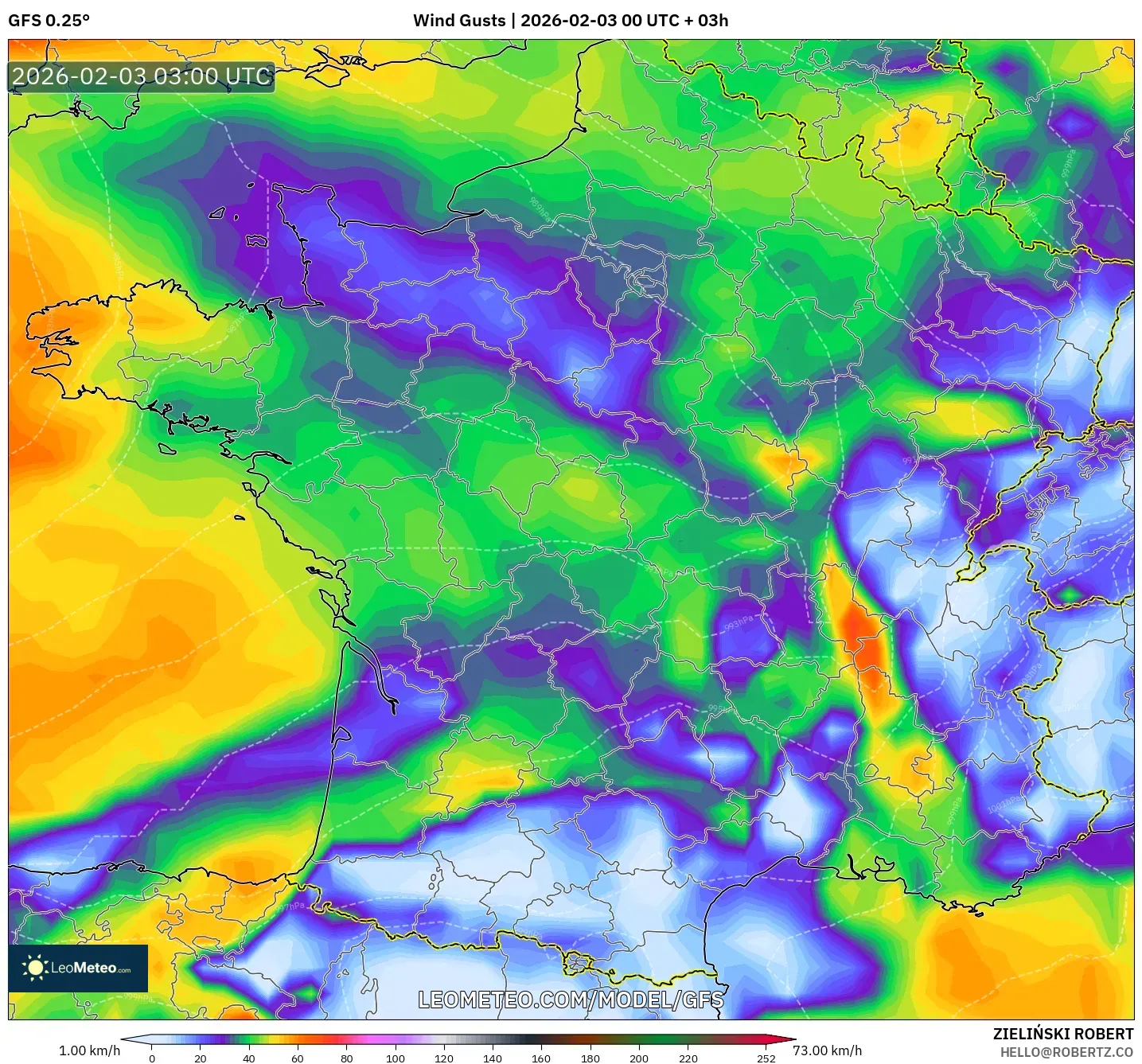GFS model - France, Wind Gusts