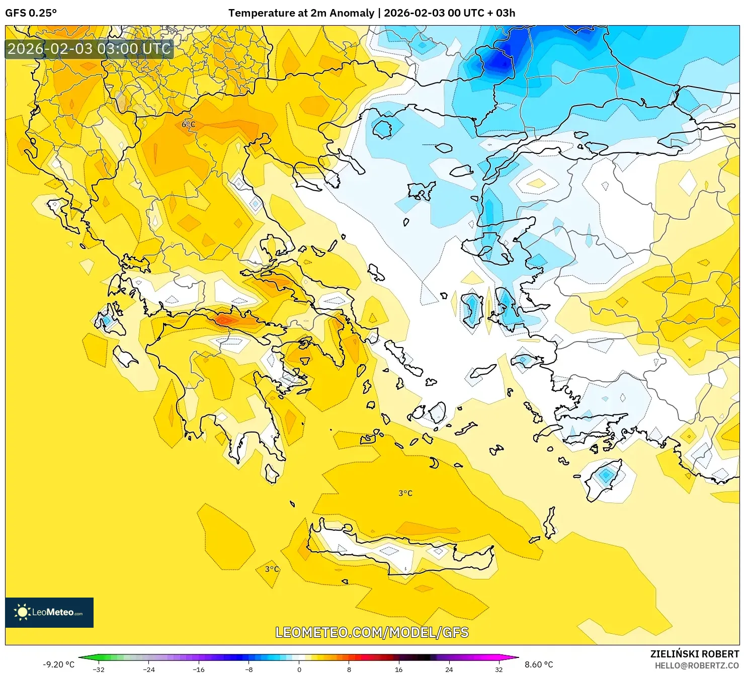 GFS model - Greece, Temperature at 2m Anomaly