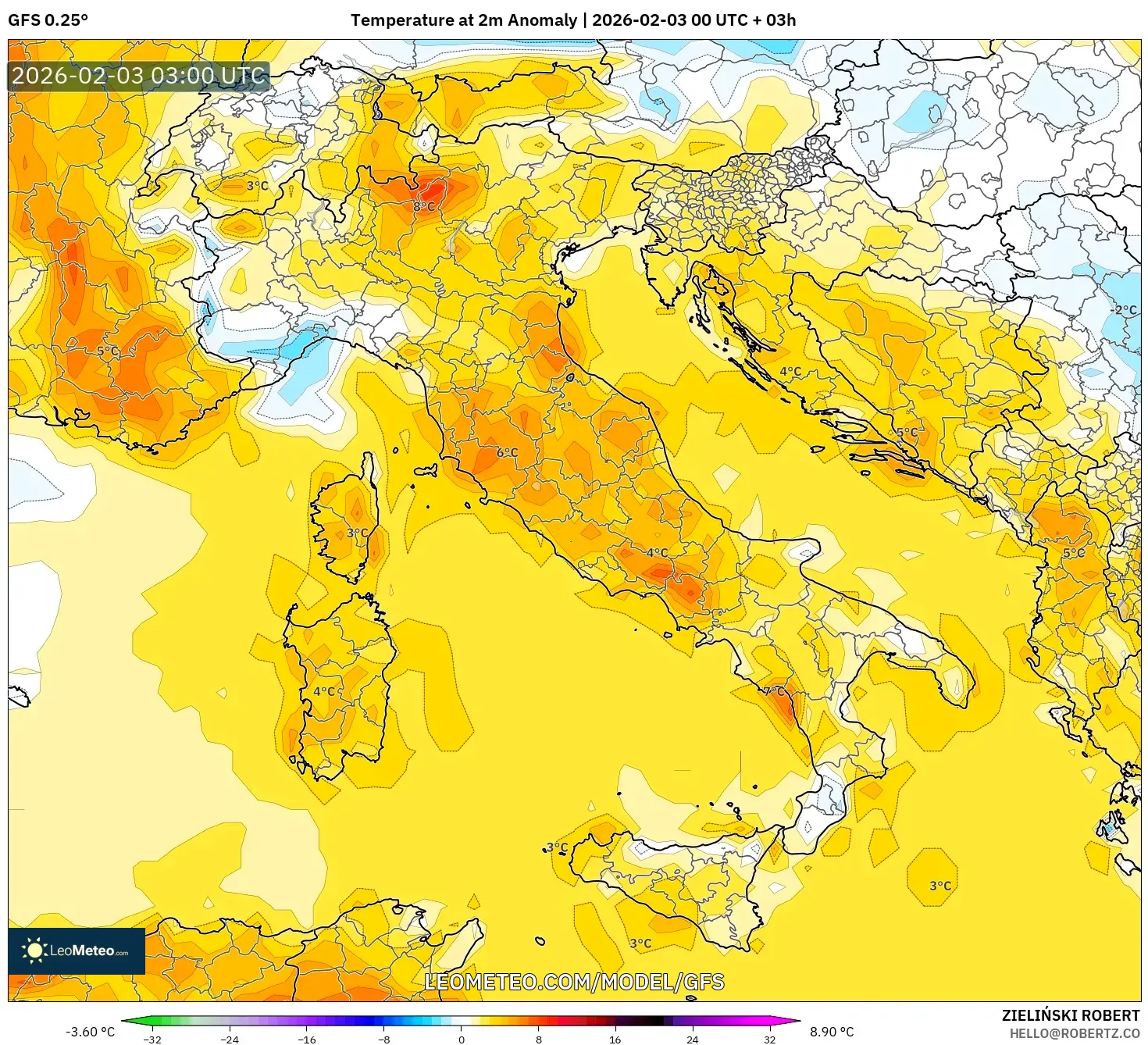 GFS model - Italy, Temperature at 2m Anomaly