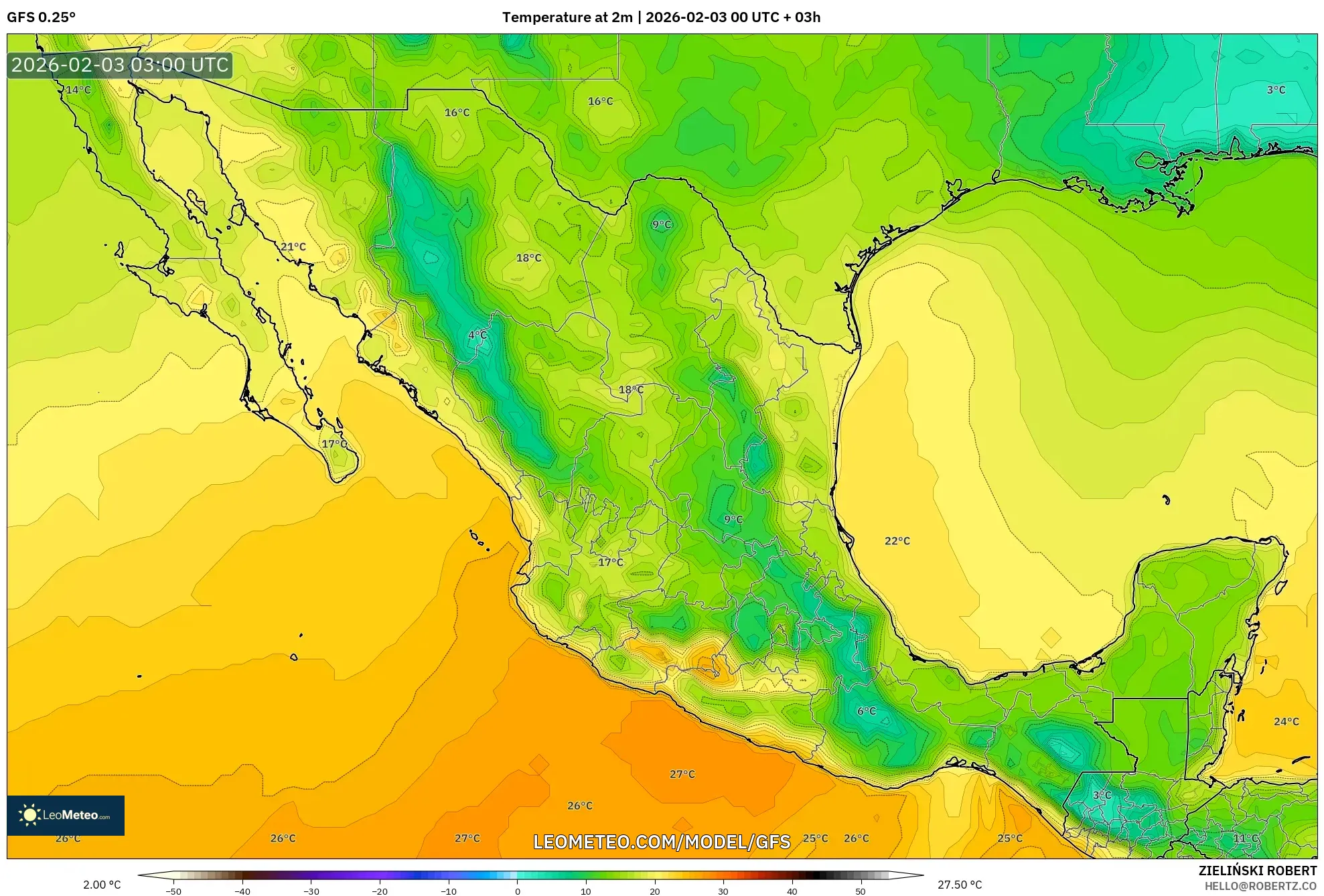 GFS model - Mexico, Temperature at 2m