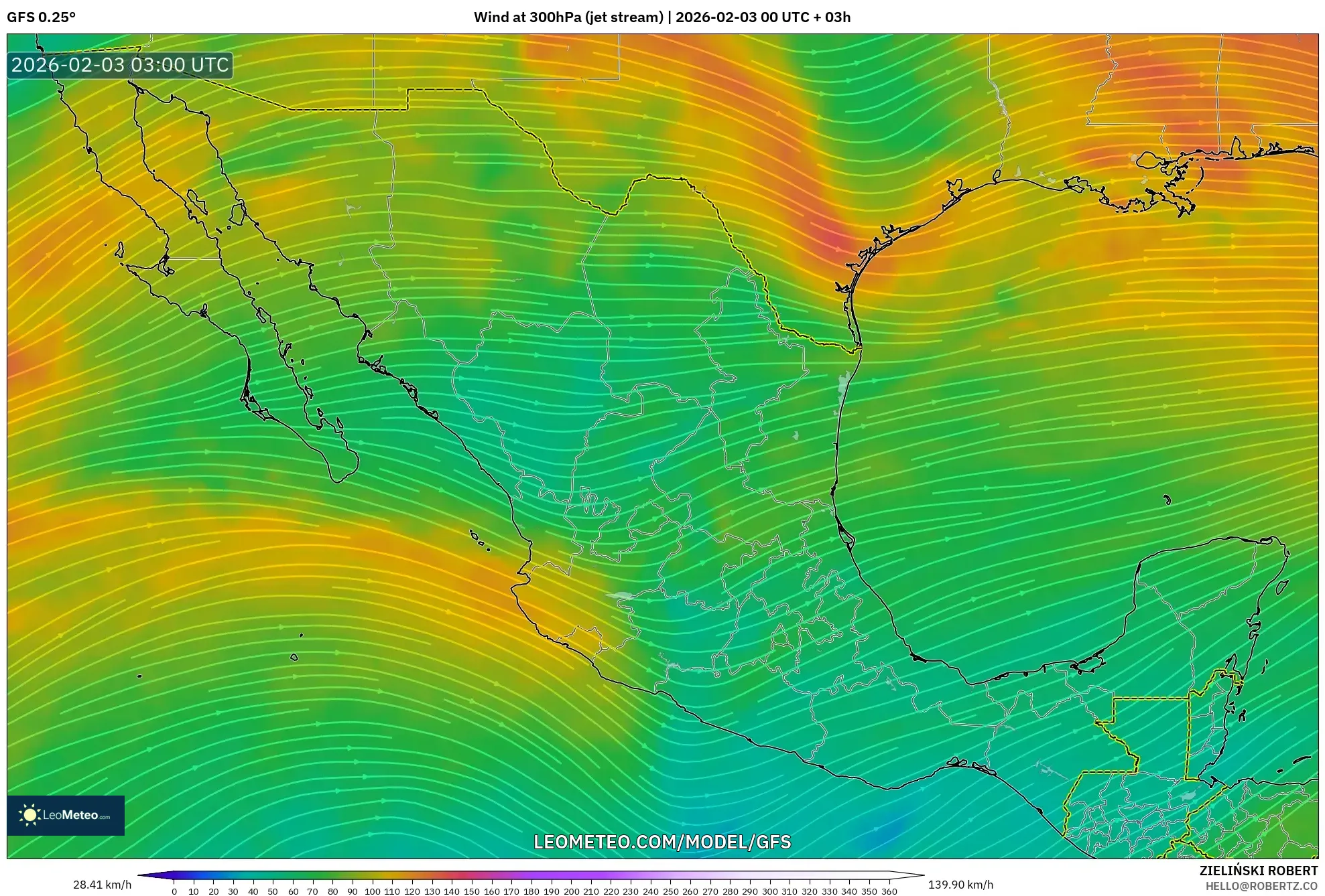 GFS model - Mexico, Wind at 300hPa (jet stream)