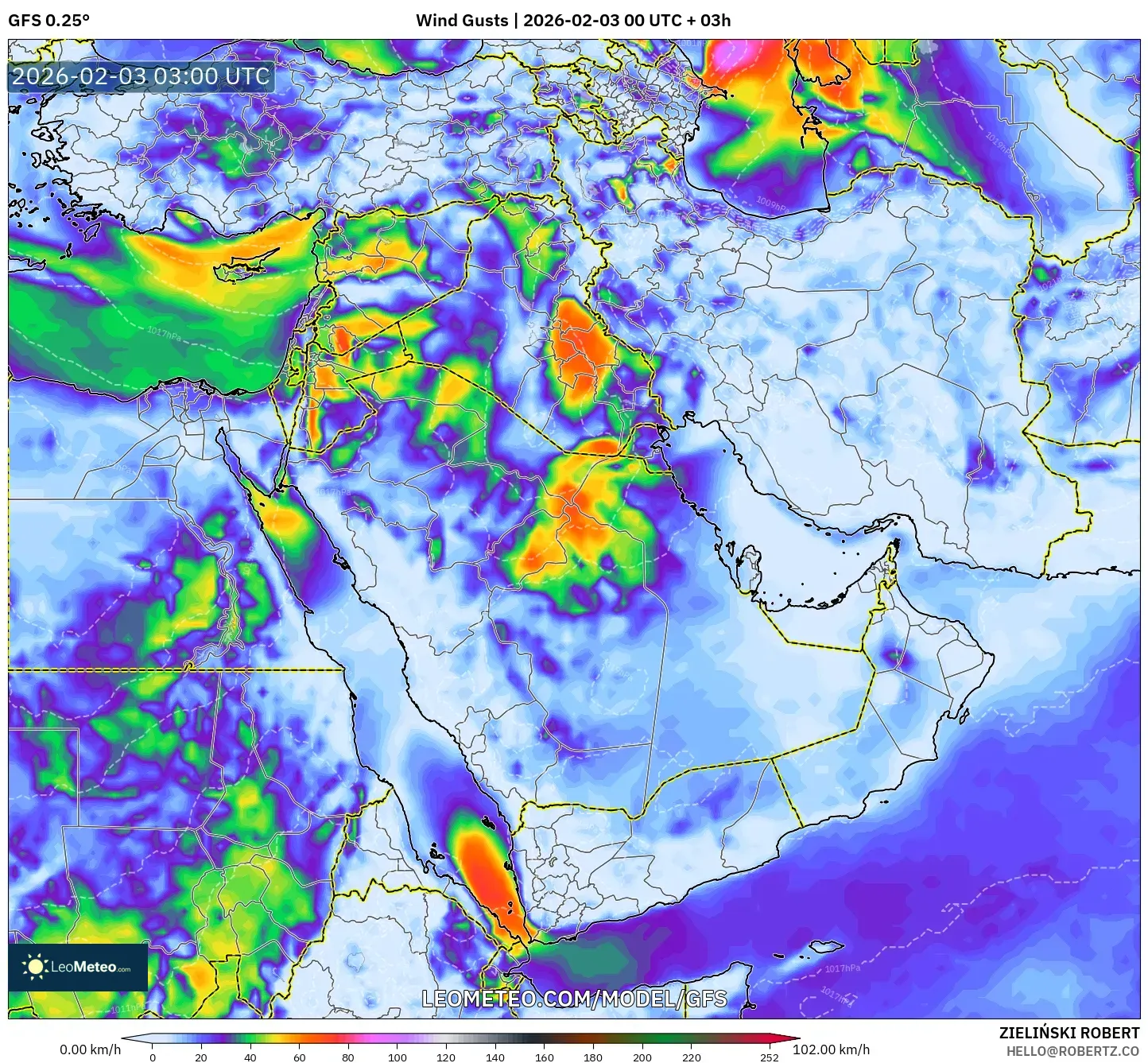 GFS model - Middle East, Wind Gusts