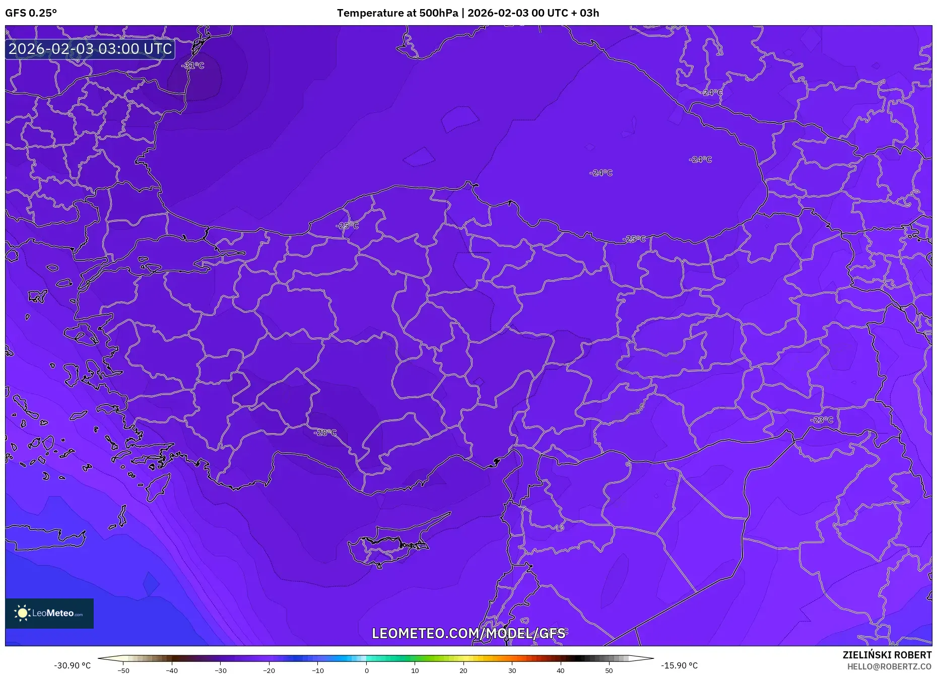 GFS model - Turkey, Temperature at 500hPa