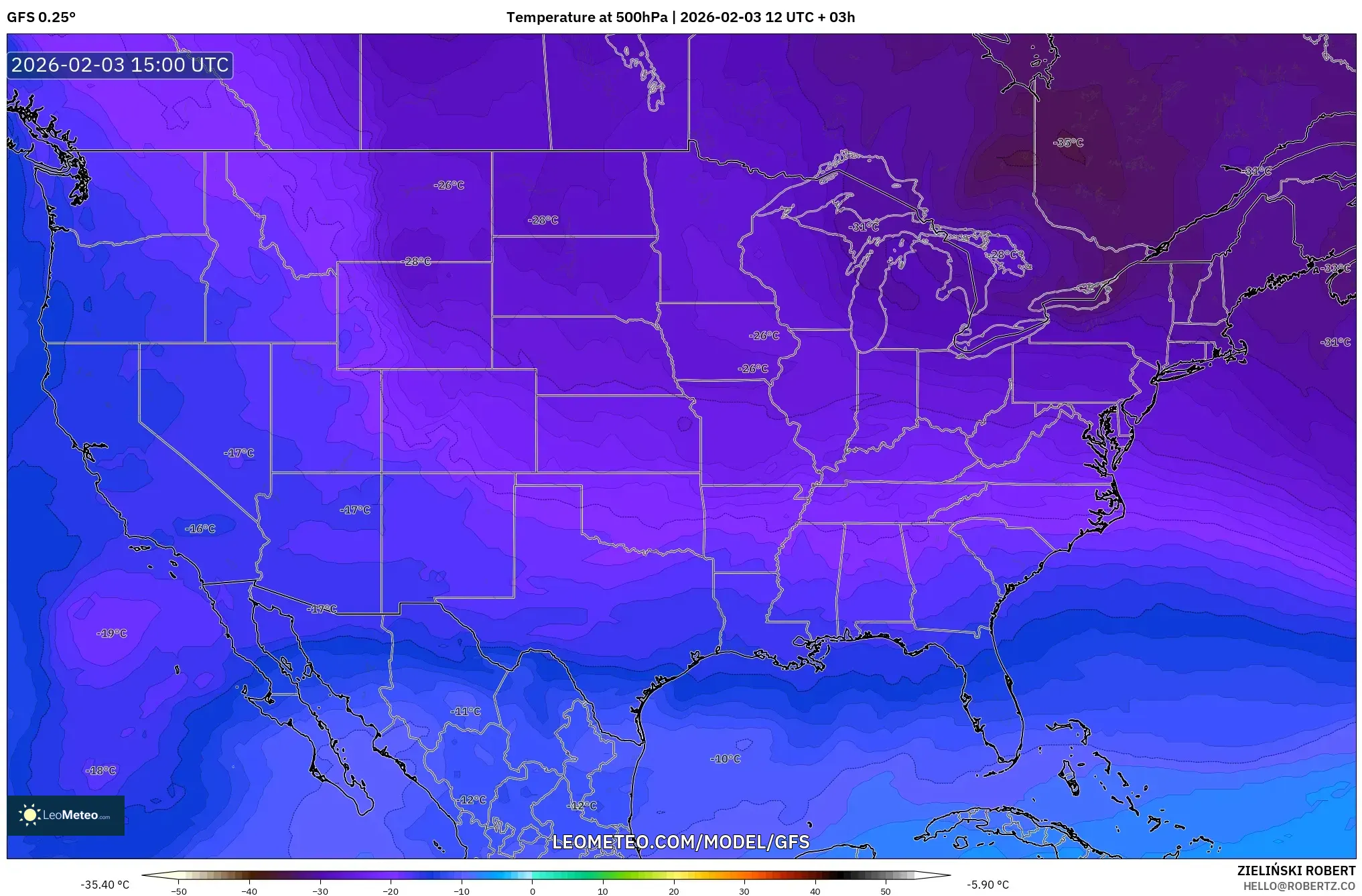 GFS model - United States, Temperature at 500hPa
