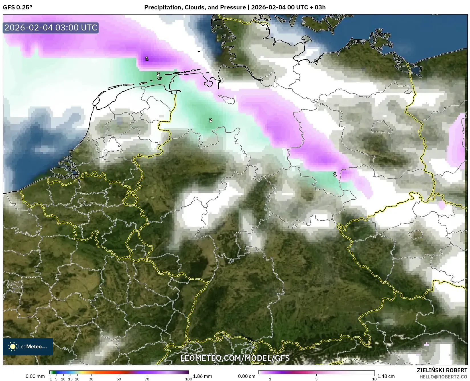 GFS model - Germany, Precipitation, Clouds, and Pressure