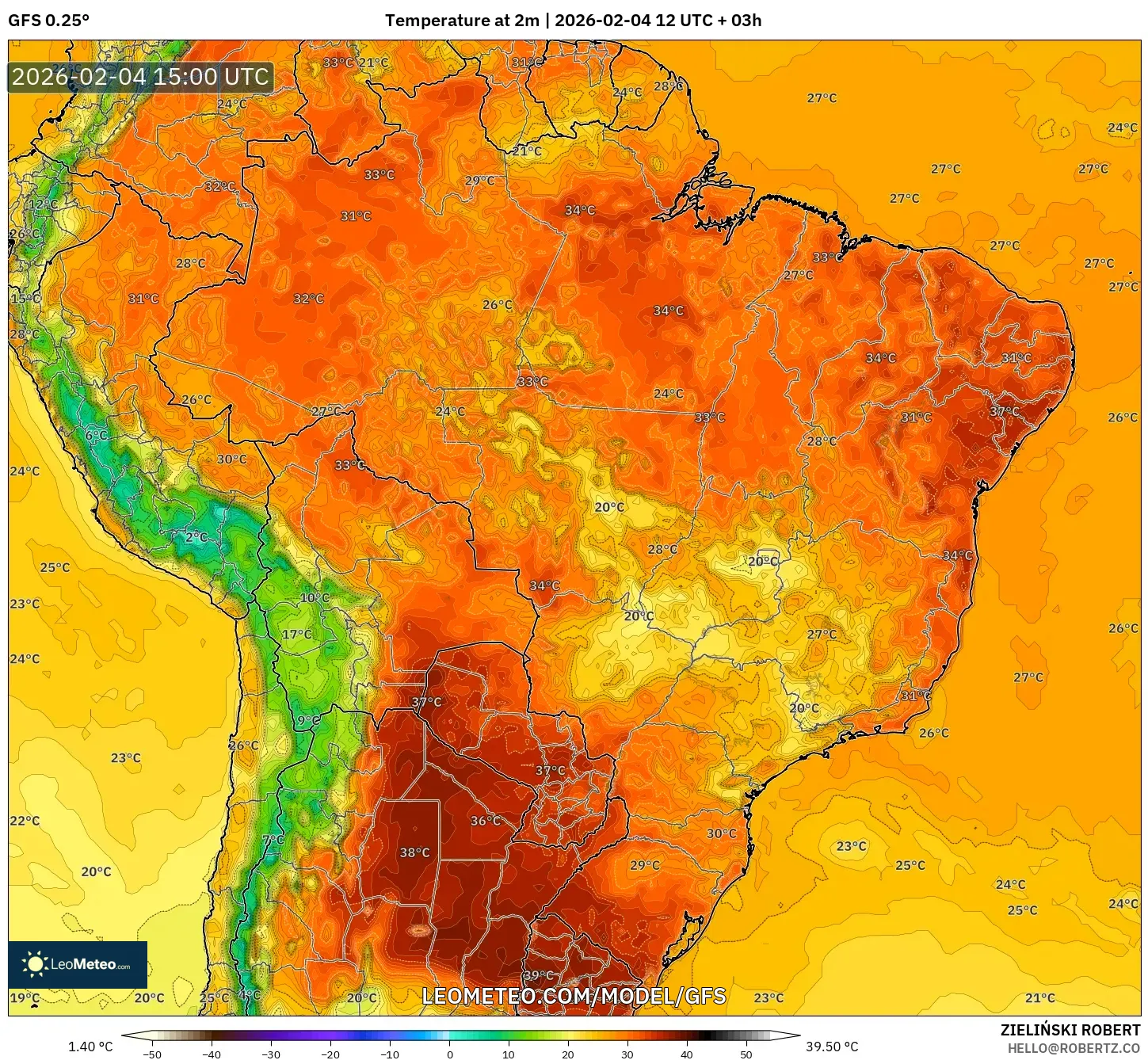 GFS model - Brazil, Temperature at 2m