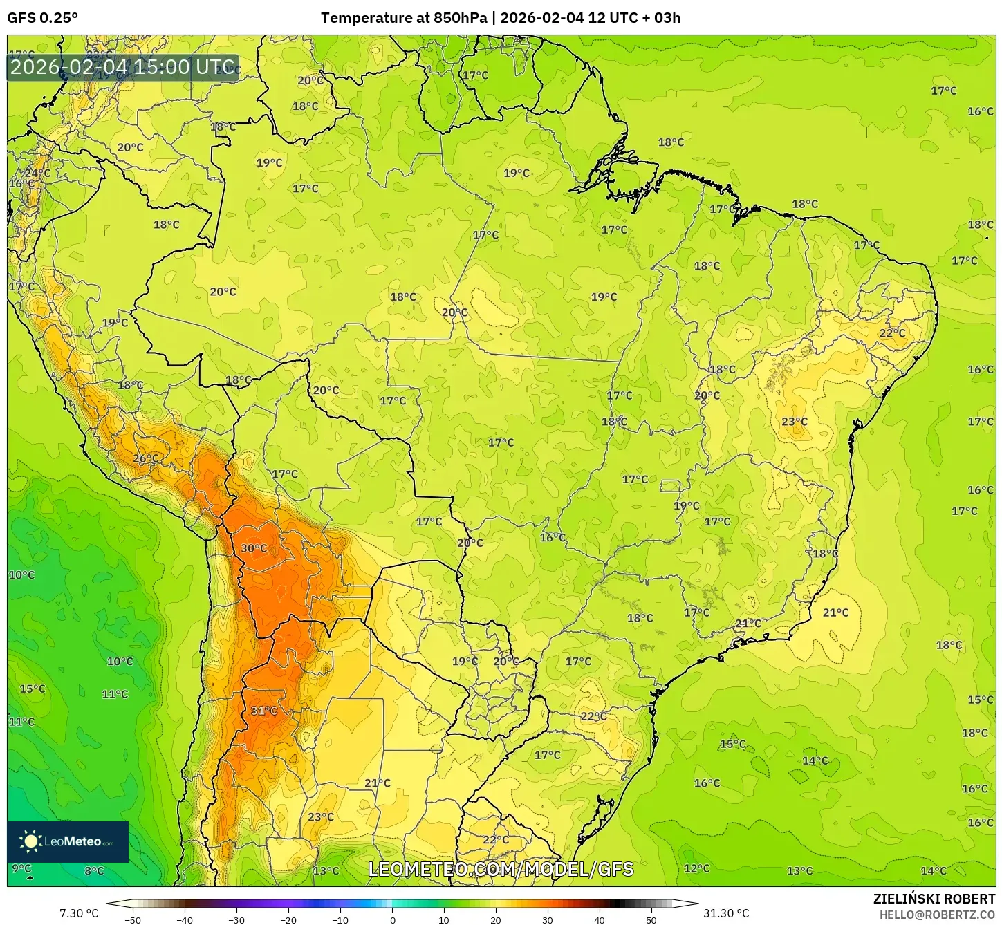 GFS model - Brazil, Temperature at 850hPa