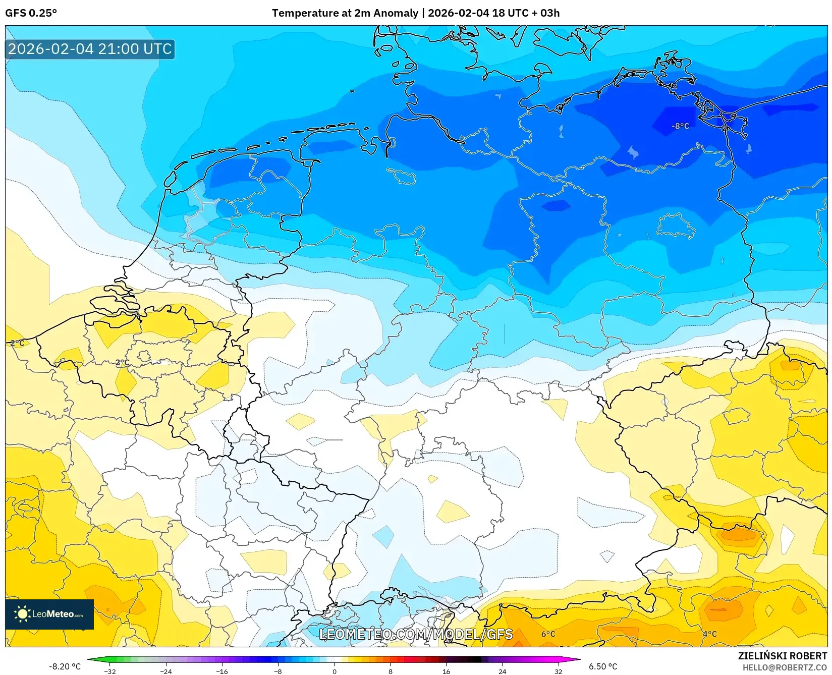 GFS model - Germany, Temperature at 2m Anomaly