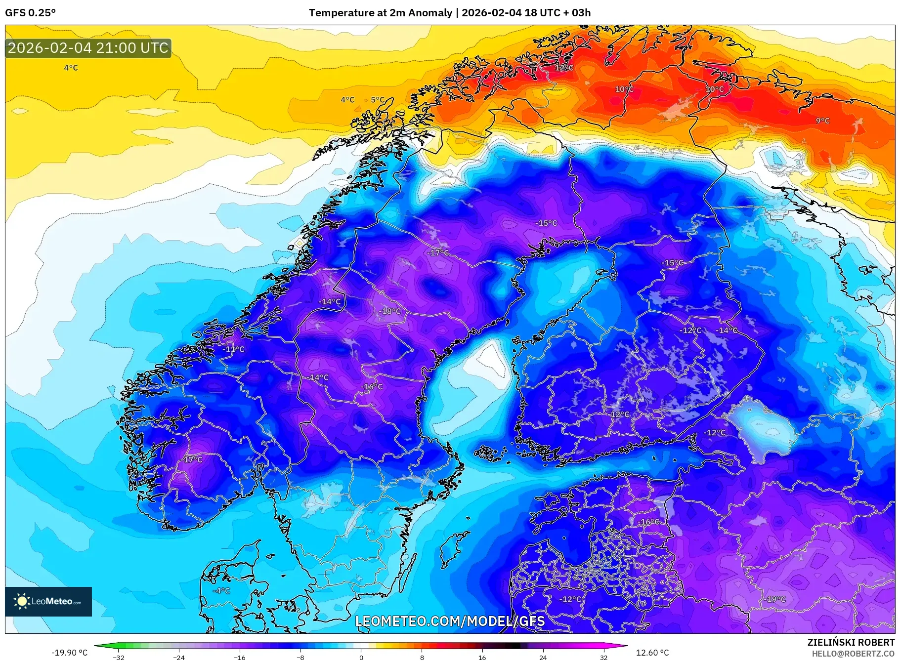GFS model - Scandinavia, Temperature at 2m Anomaly