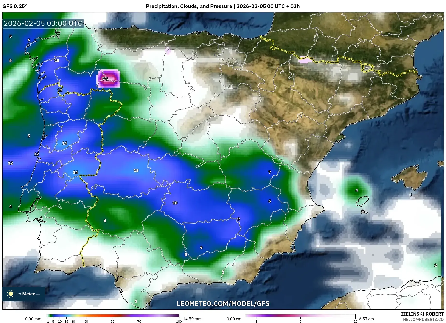GFS model - Spain, Precipitation, Clouds, and Pressure