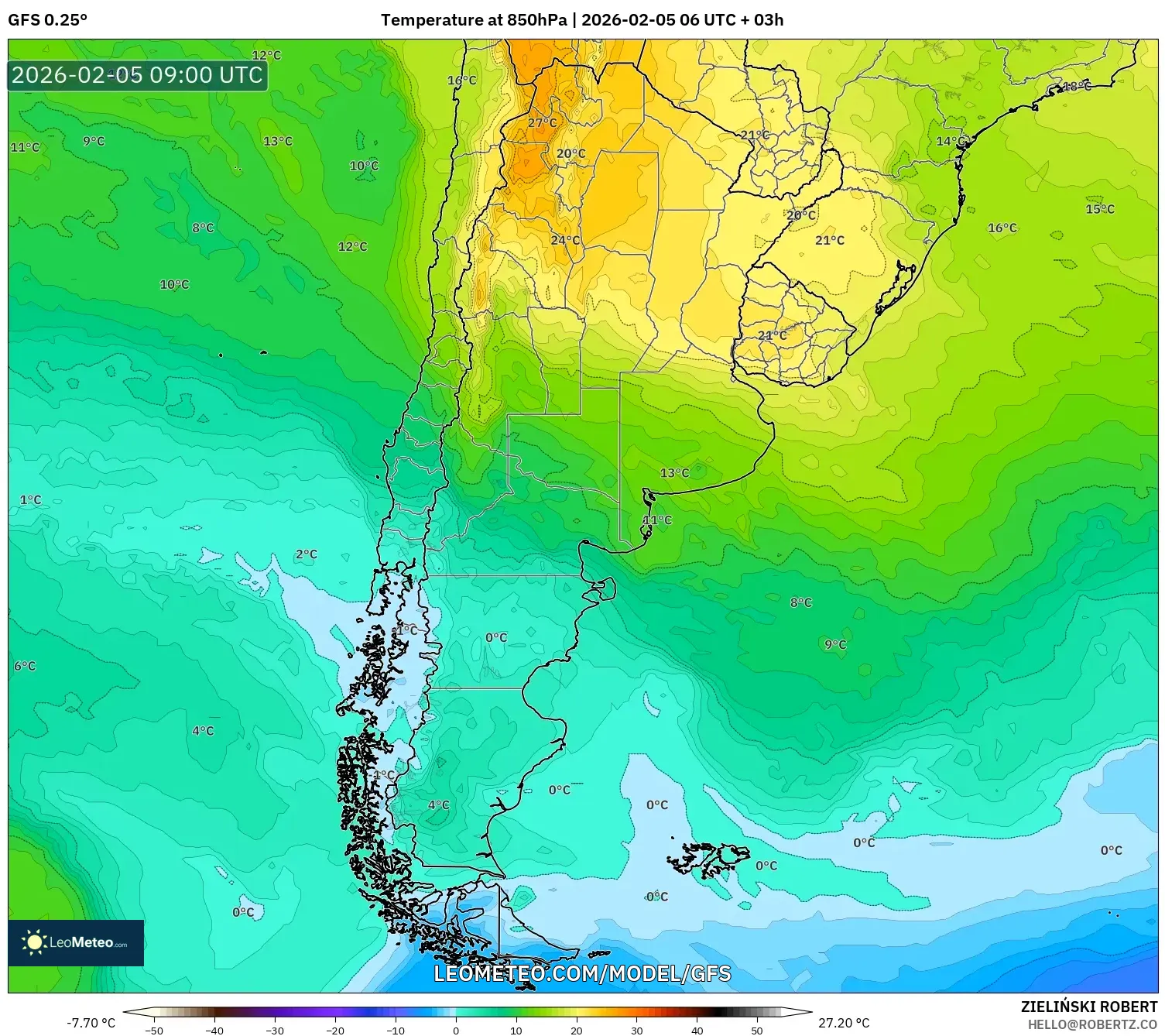 GFS model - Argentina, Temperature at 850hPa