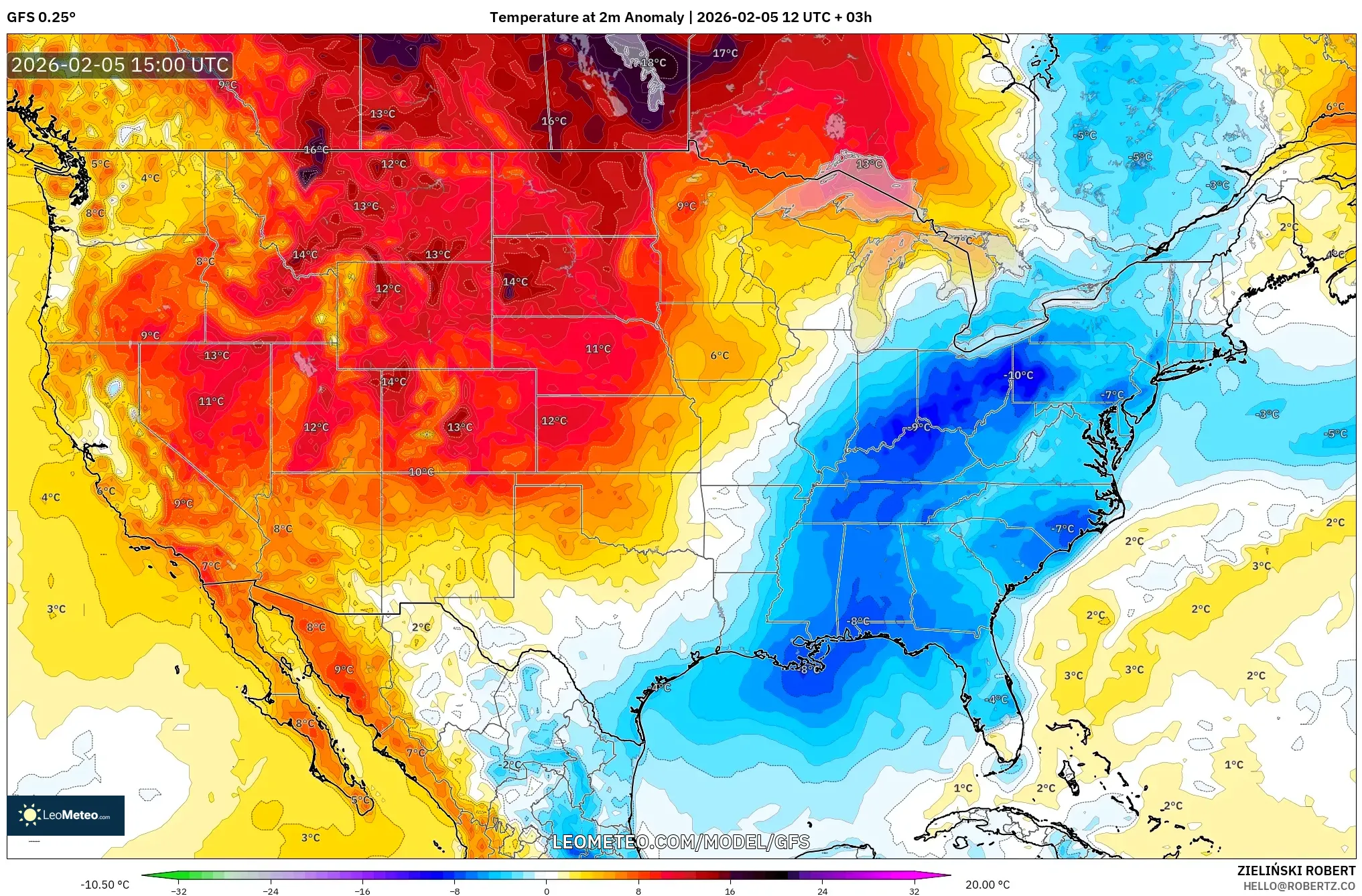 GFS model - United States, Temperature at 2m Anomaly