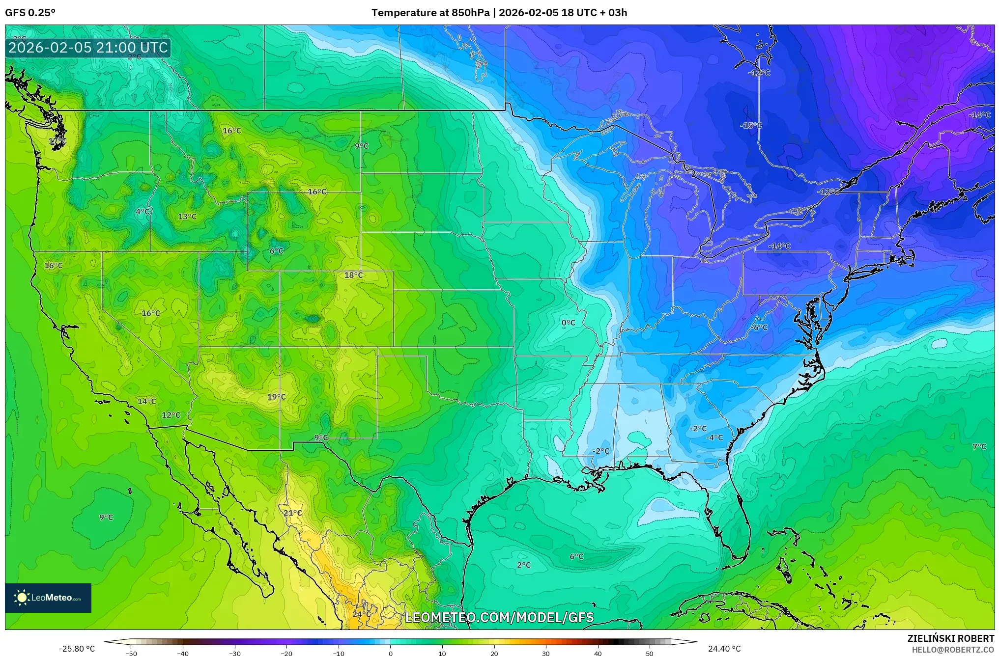 GFS model - United States, Temperature at 850hPa