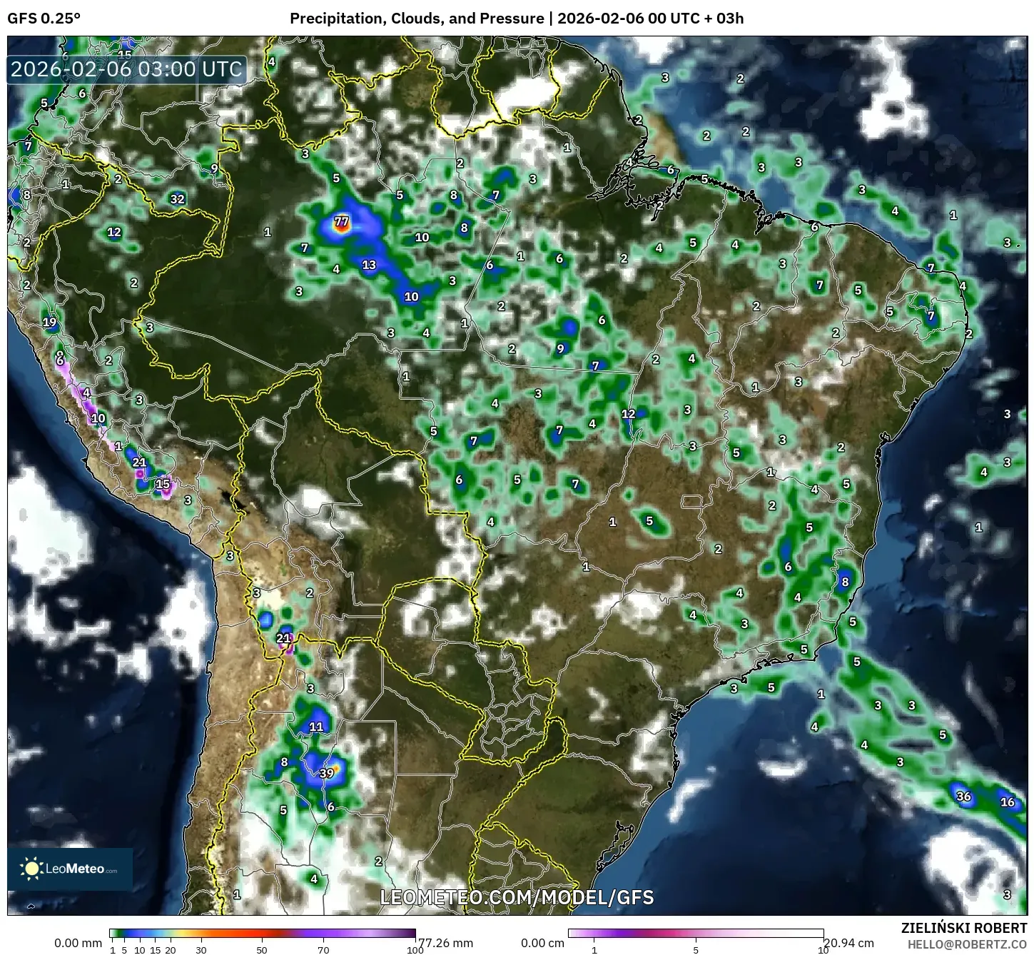 GFS model - Brazil, Precipitation, Clouds, and Pressure