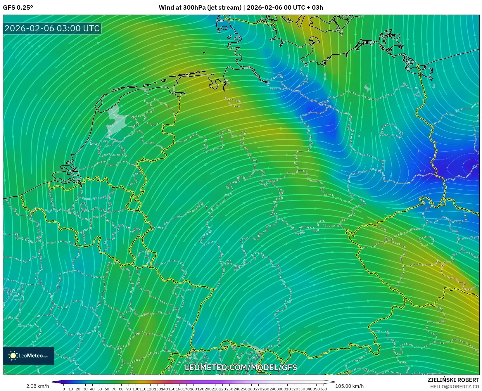 GFS model - Germany, Wind at 300hPa (jet stream)