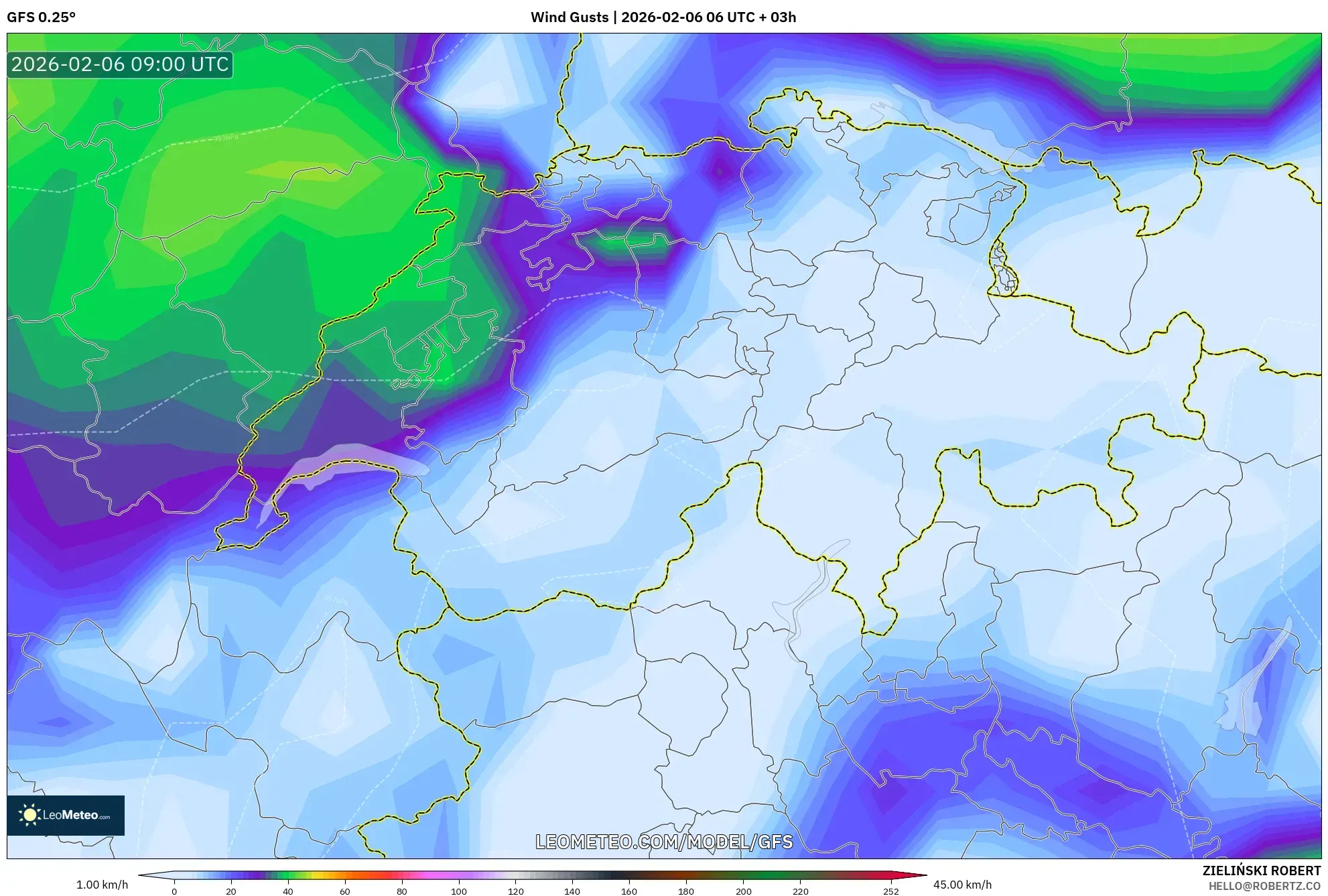 GFS model - Switzerland, Wind Gusts