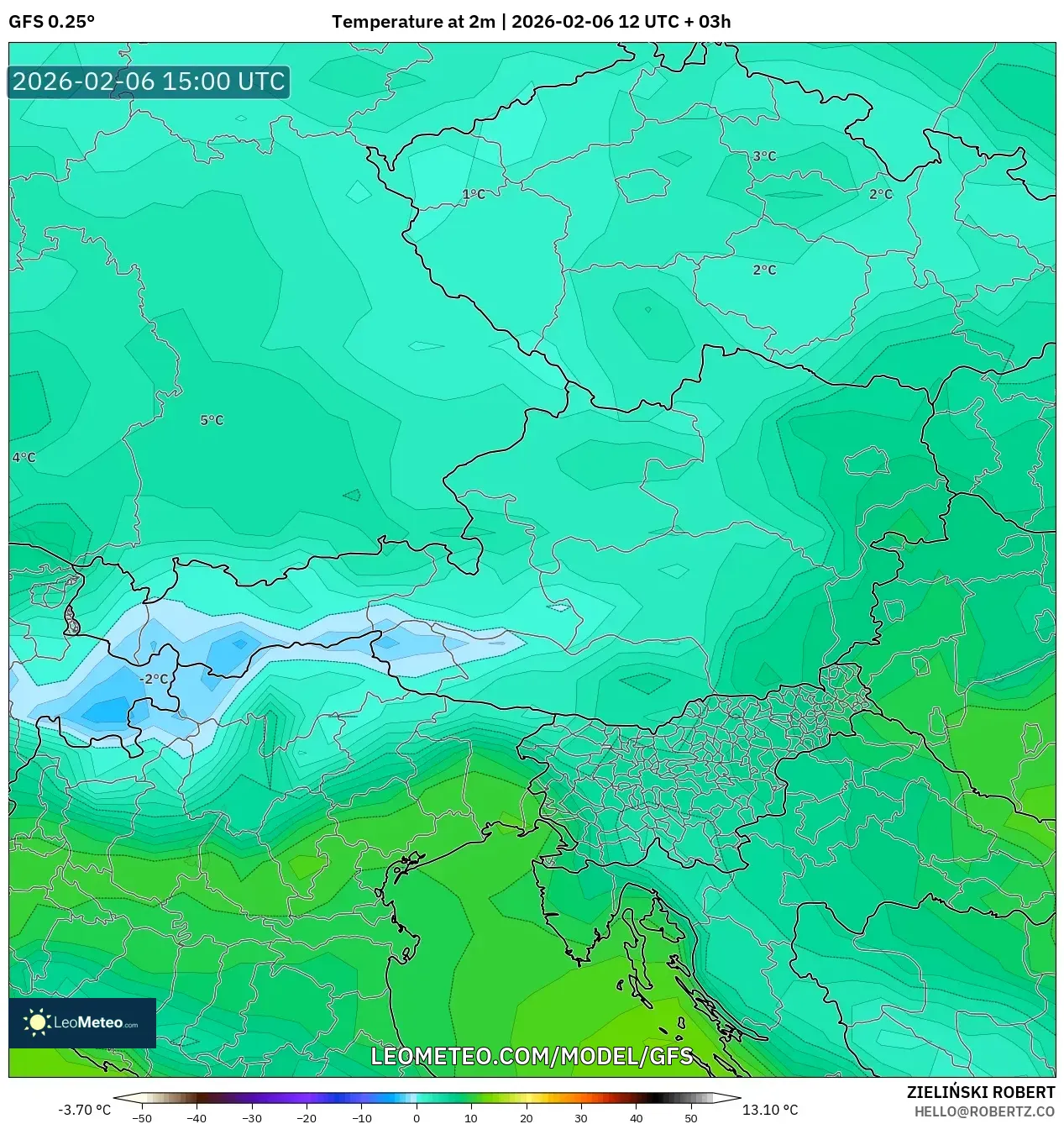 GFS model - Austria, Temperature at 2m