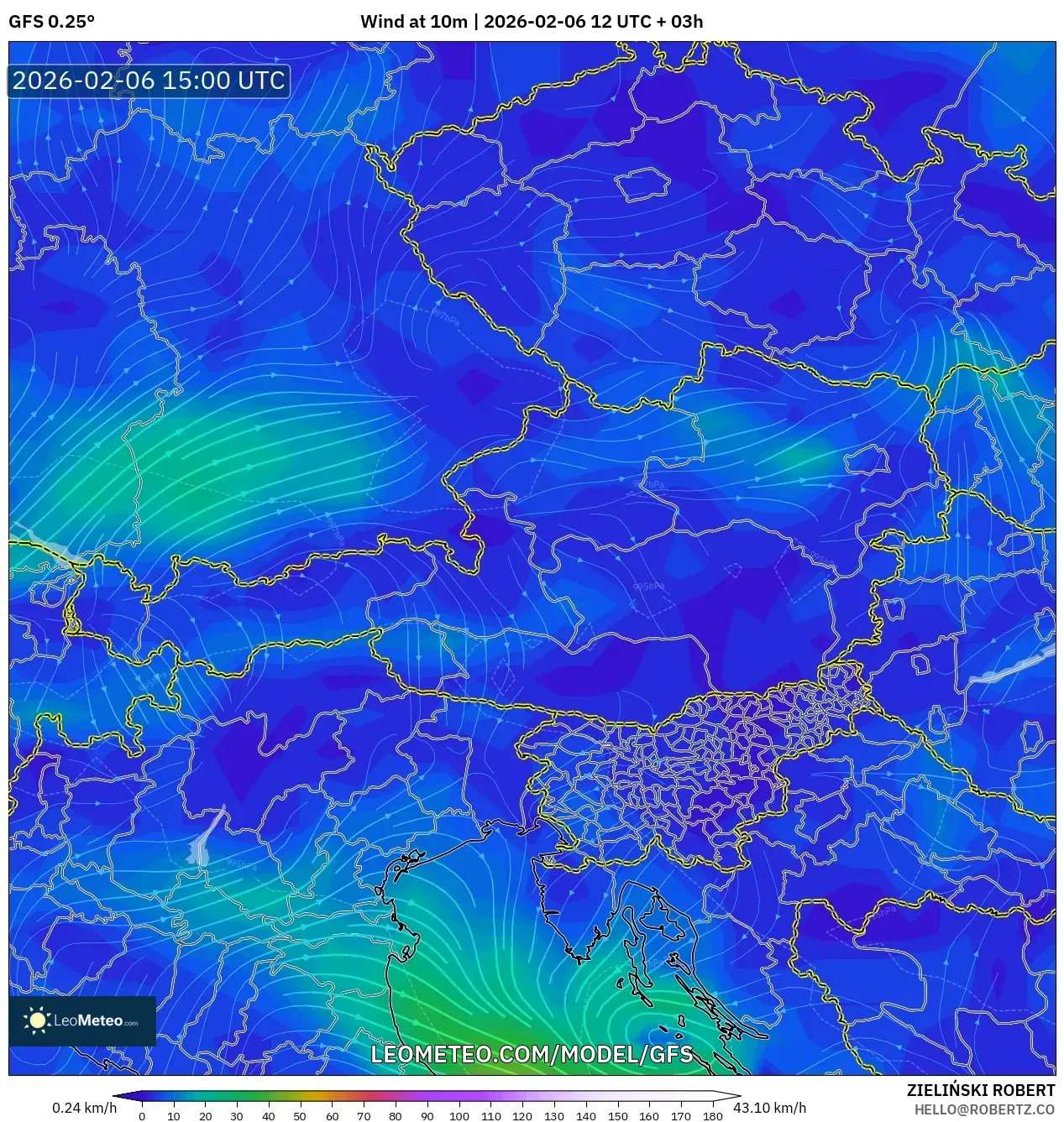 GFS model - Austria, Wind at 10m