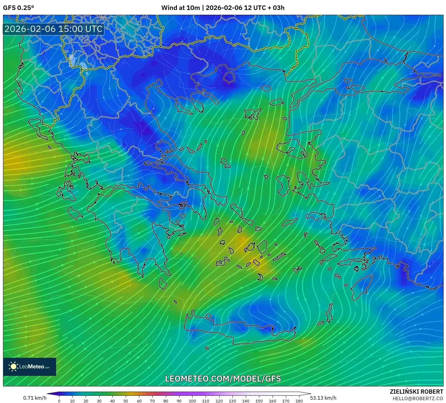 GFS model - Greece, Wind at 10m