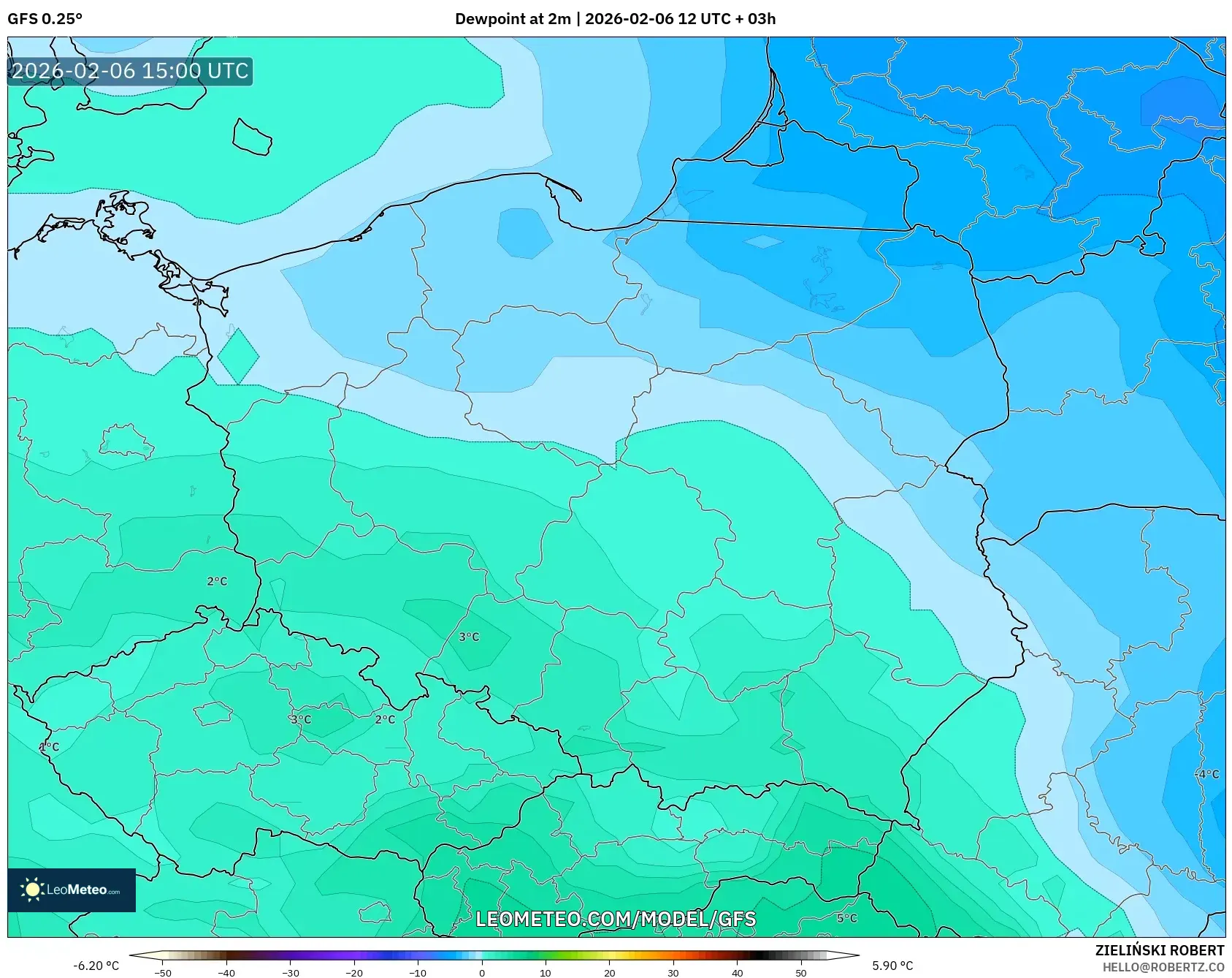 GFS model - Poland, Dewpoint at 2m