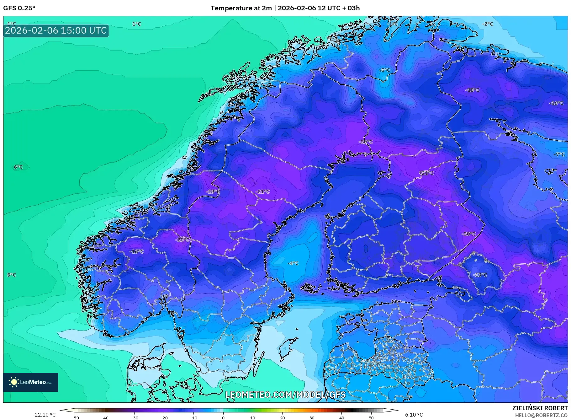 GFS model - Scandinavia, Temperature at 2m