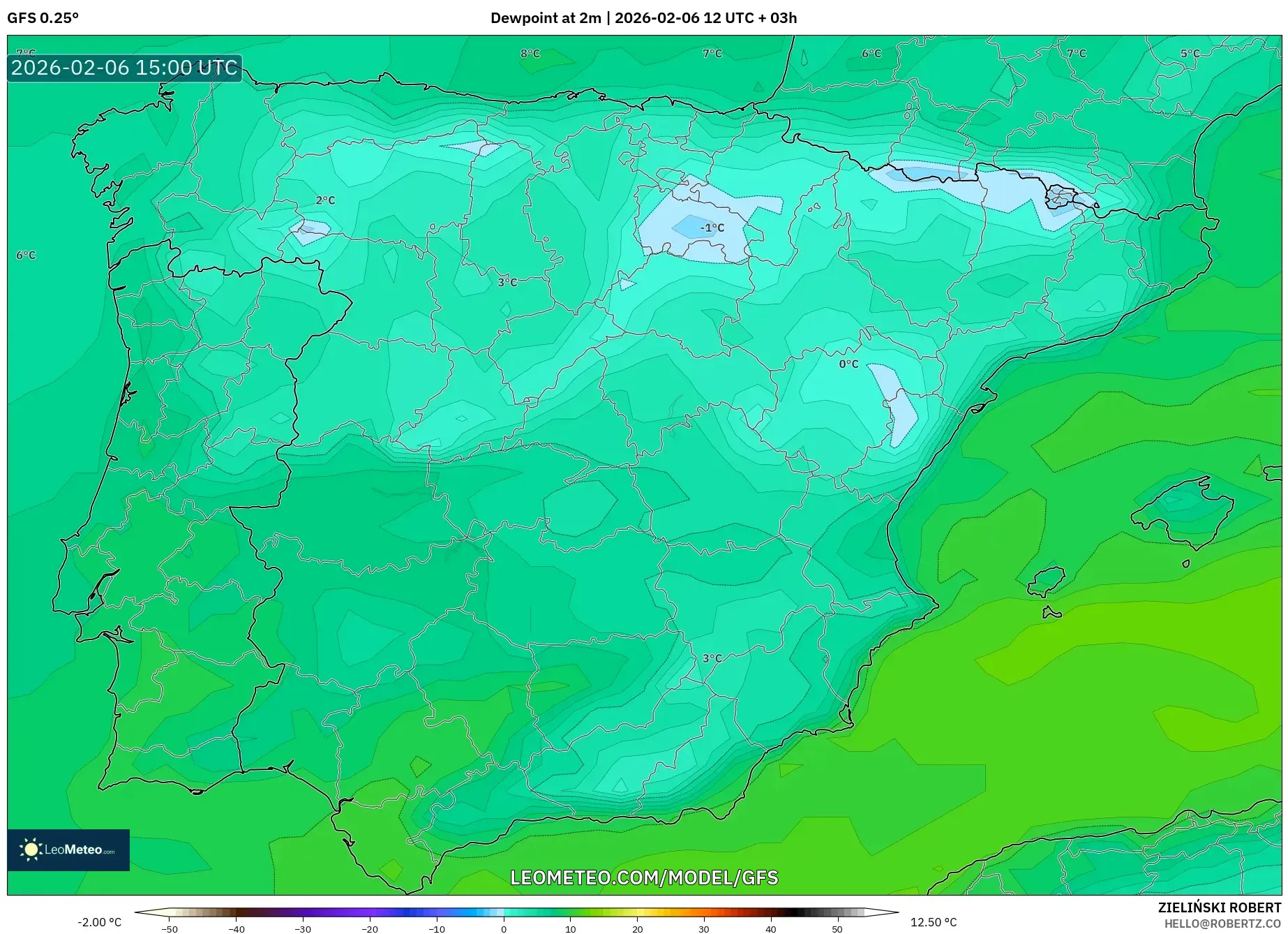 GFS model - Spain, Dewpoint at 2m