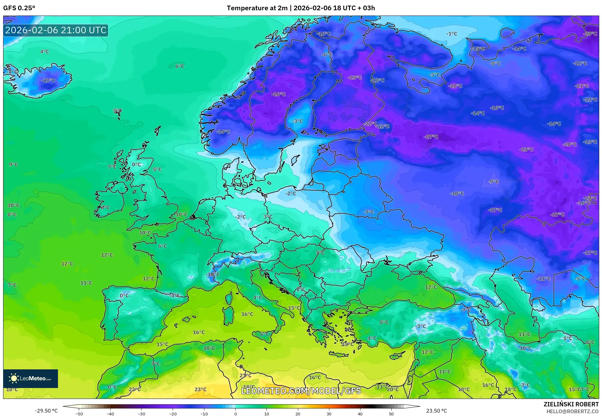 GFS model - Europe, Temperature at 2m