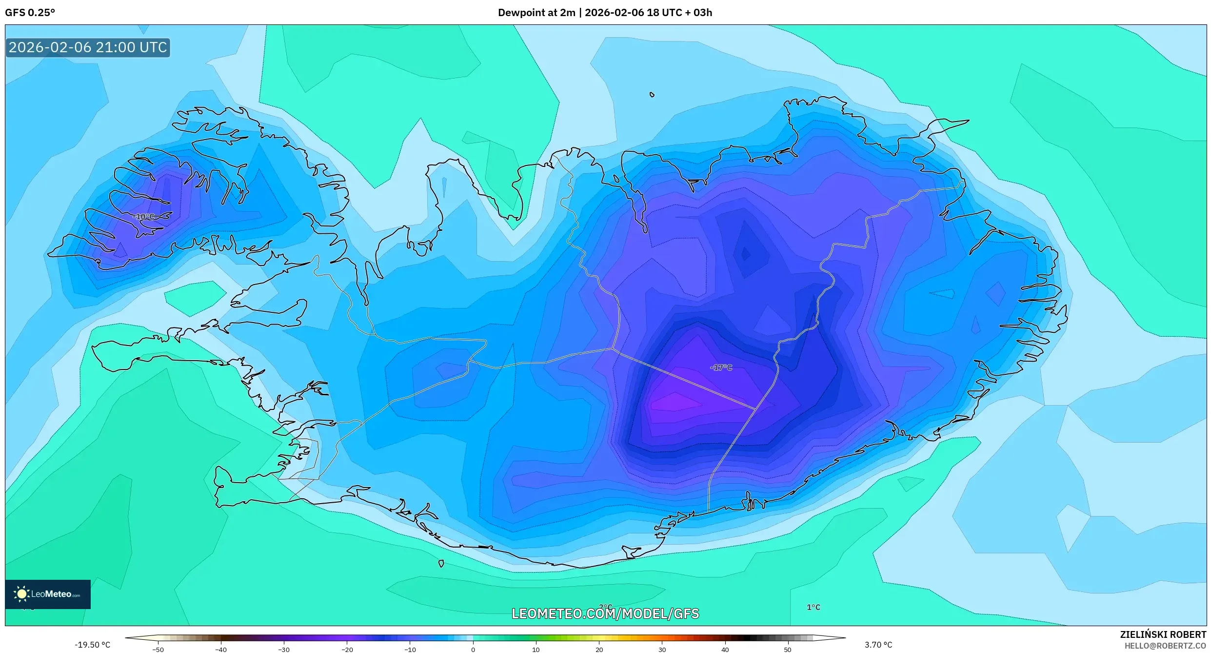 GFS model - Iceland, Dewpoint at 2m