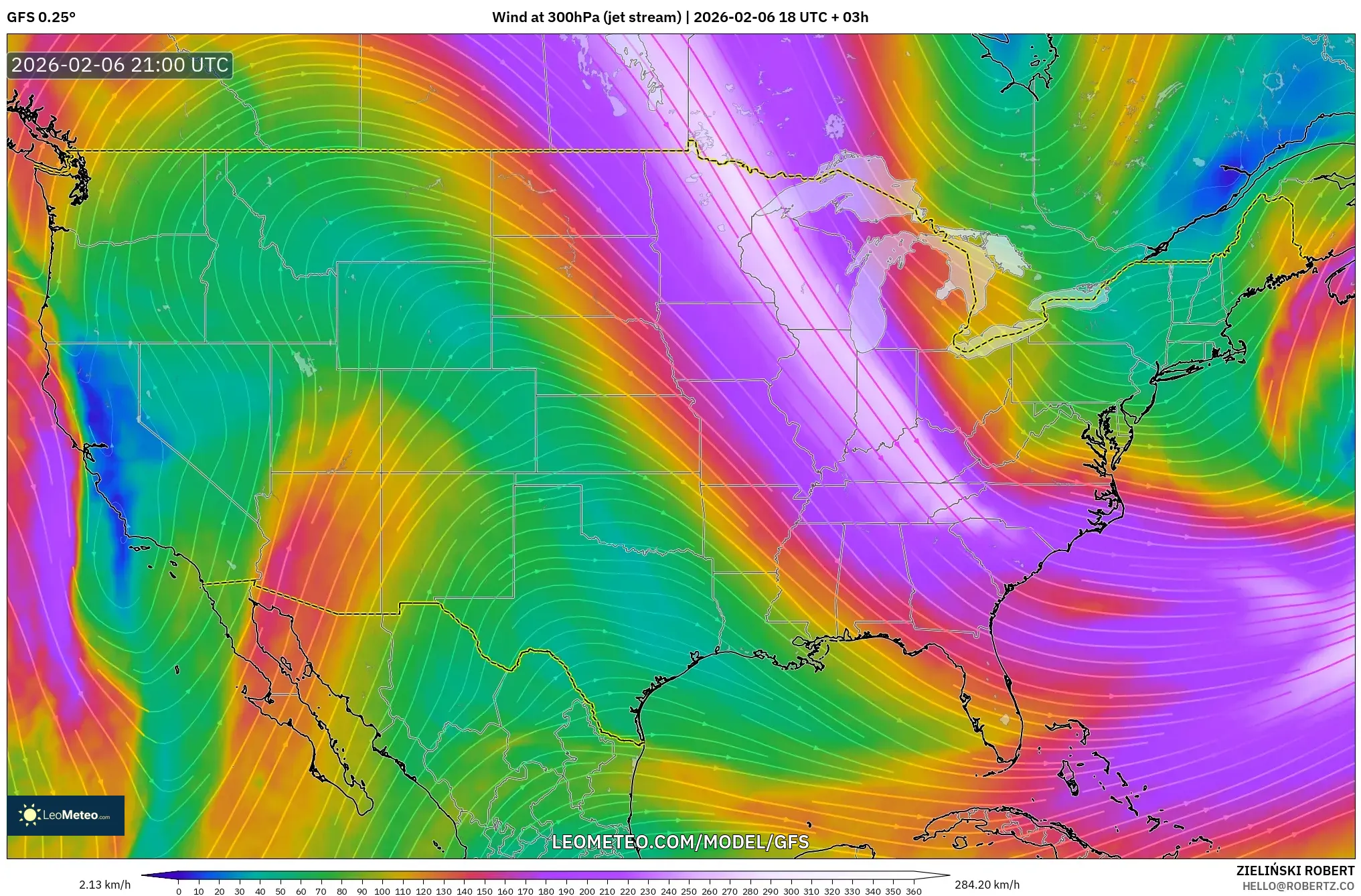 GFS model - United States, Wind at 300hPa (jet stream)