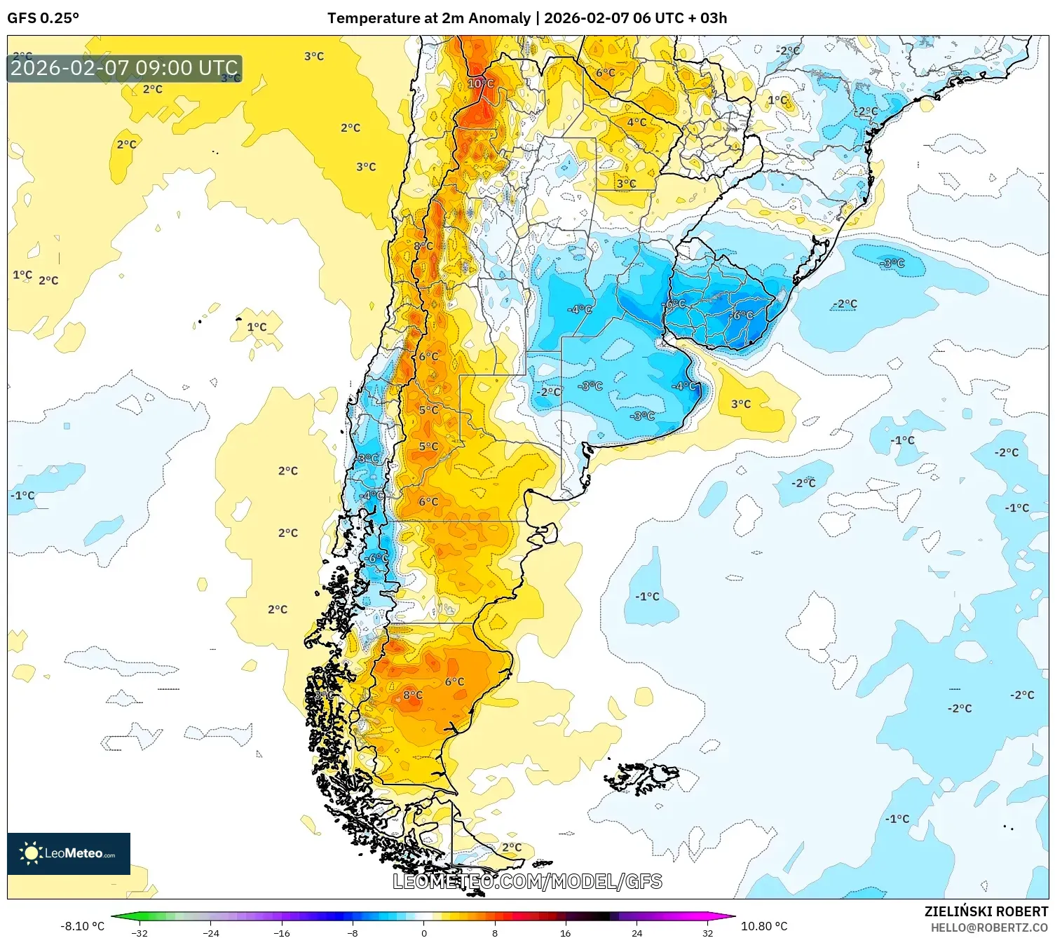 GFS model - Argentina, Temperature at 2m Anomaly