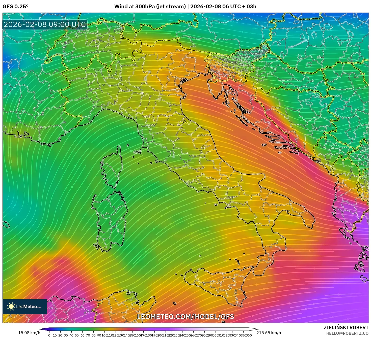 GFS model - Italy, Wind at 300hPa (jet stream)