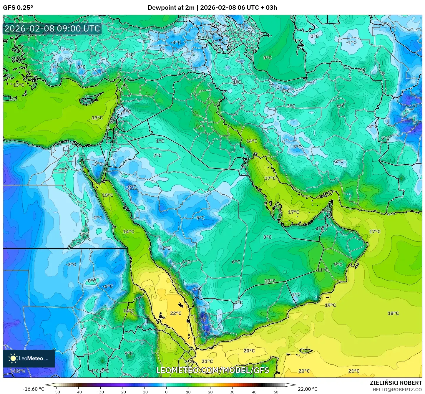 GFS model - Middle East, Dewpoint at 2m