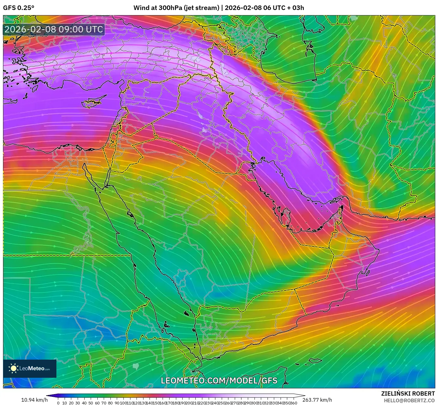 GFS model - Middle East, Wind at 300hPa (jet stream)